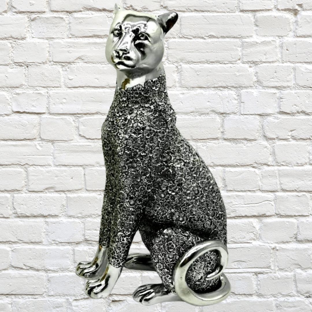 Electra Leopard Sitting Silver Polyresin 29cm
