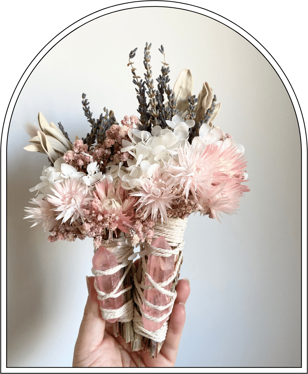 Wholesale Dried Flower Wand with Rose Aura Crystal Bohokind Fieldfolio