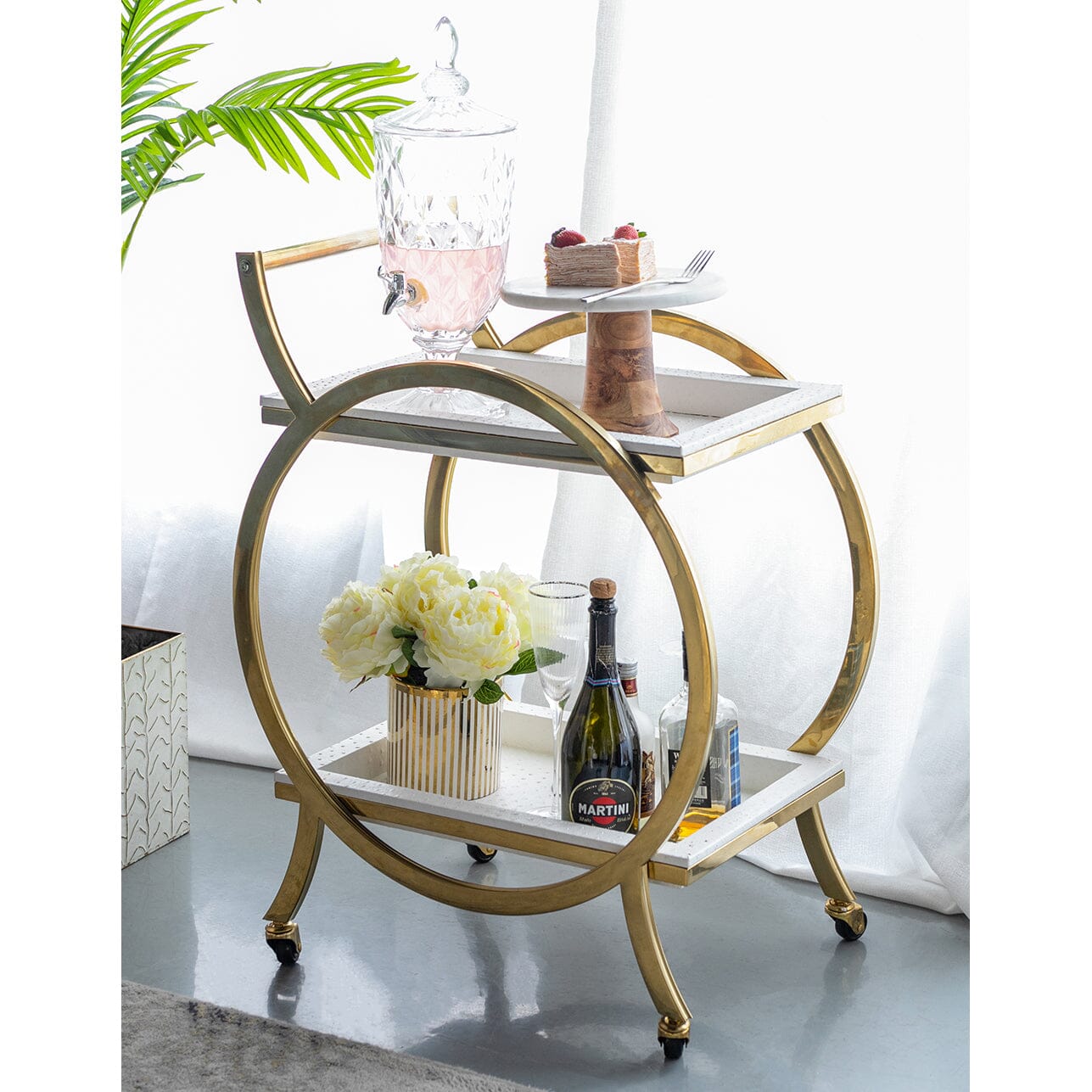 STEEL STRIDE BAR CART ON WHEELS FINISHED IN STAINLESS STEEL