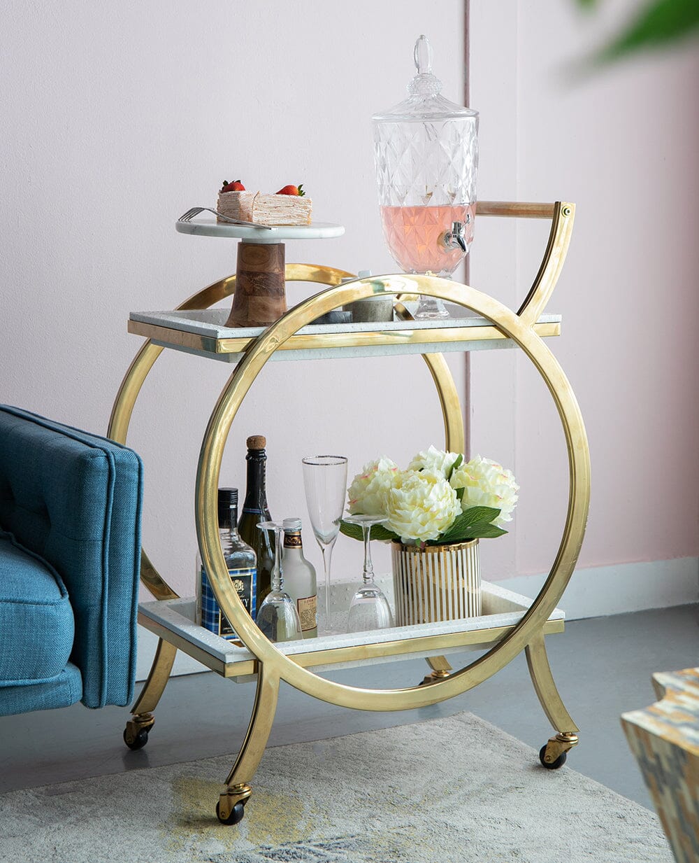 STEEL STRIDE BAR CART ON WHEELS FINISHED IN STAINLESS STEEL