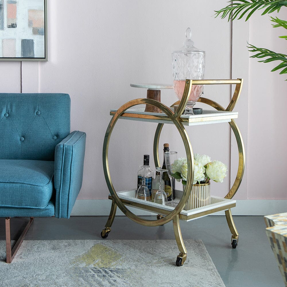 STEEL STRIDE BAR CART ON WHEELS FINISHED IN STAINLESS STEEL