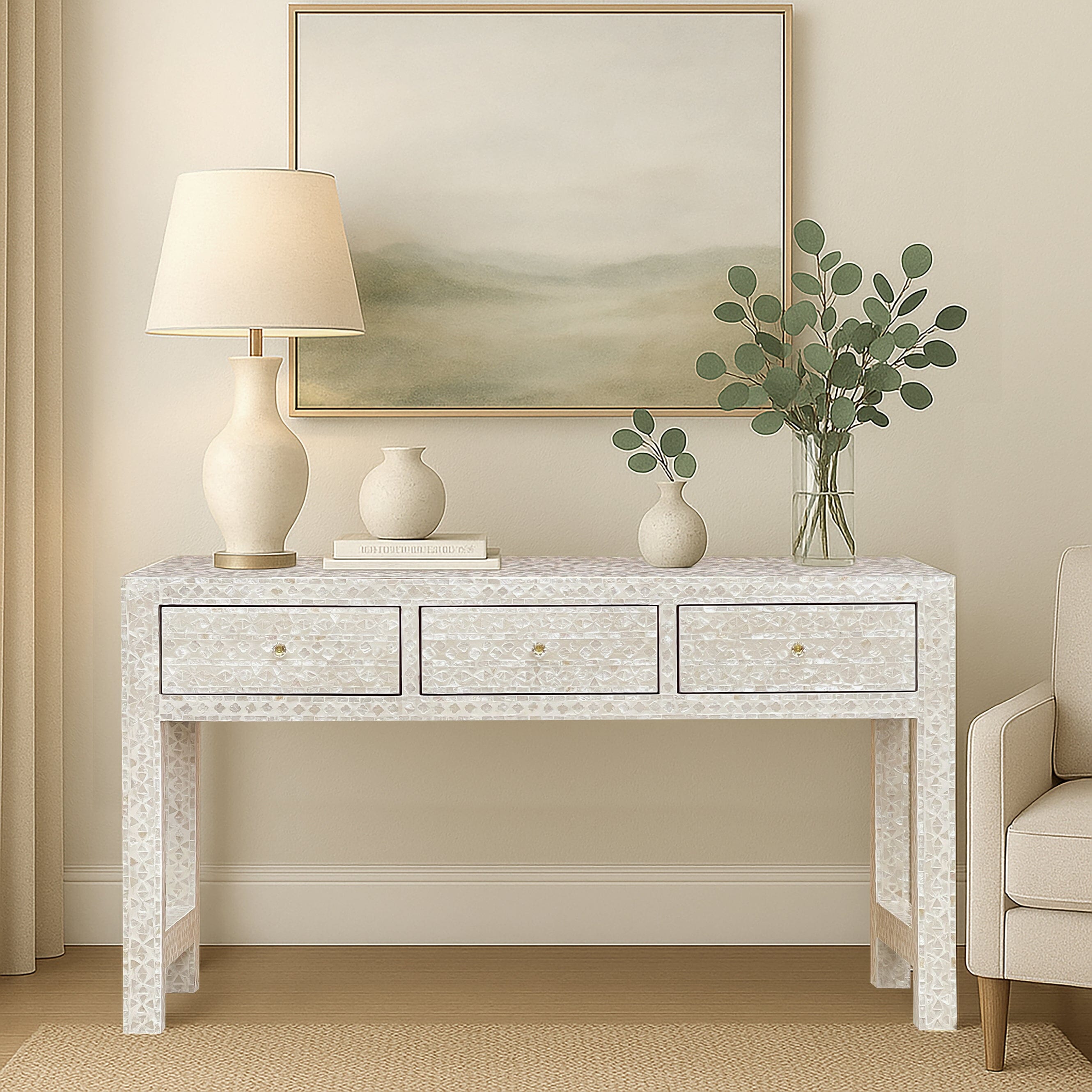 MOTHER OF PEARL OPULENT 3 DRAWER CONSOLE TABLE LIGHT HUE