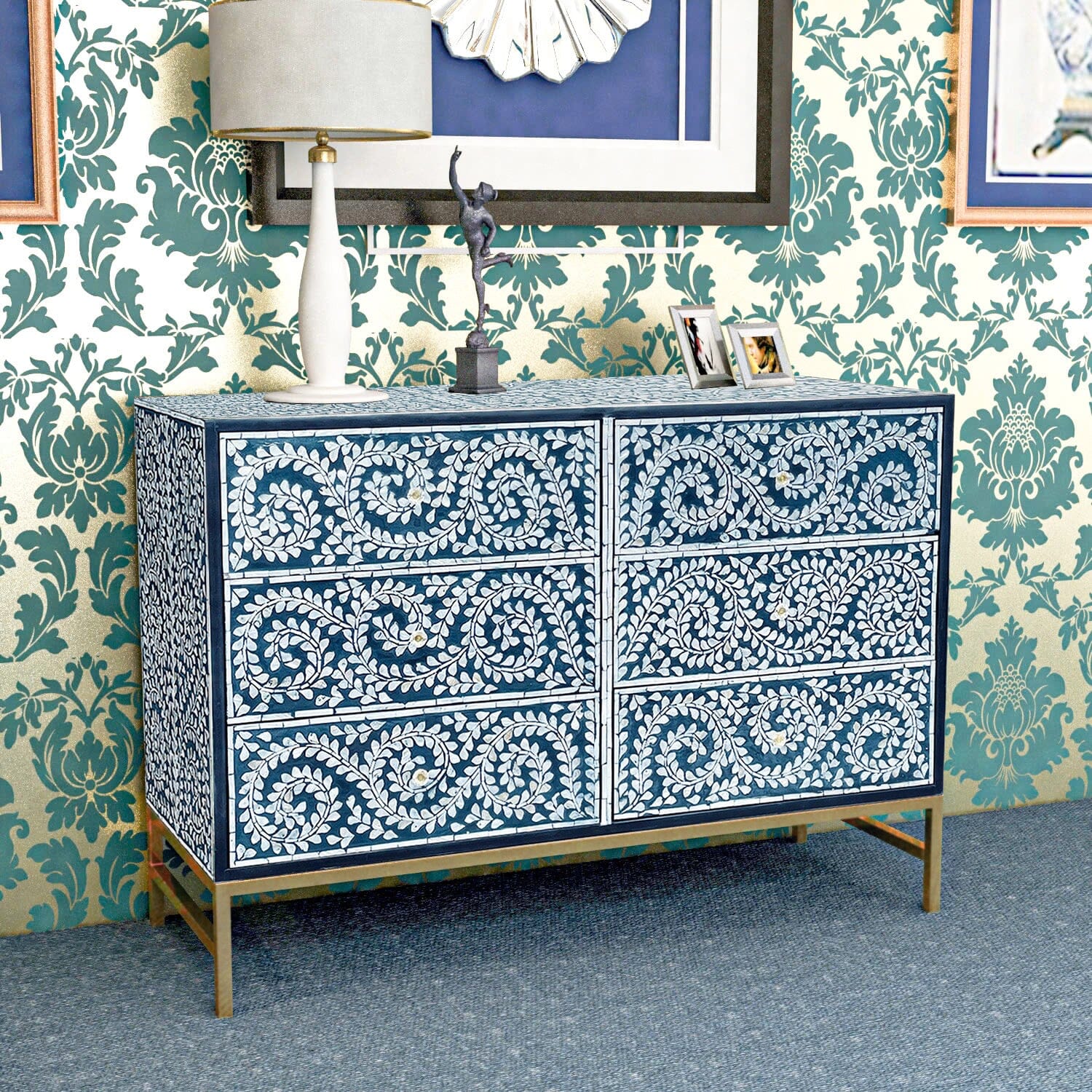 MOTHER OF PEARL ENCHANTING VINE CHEST OF DRAWERS BLUE HUE