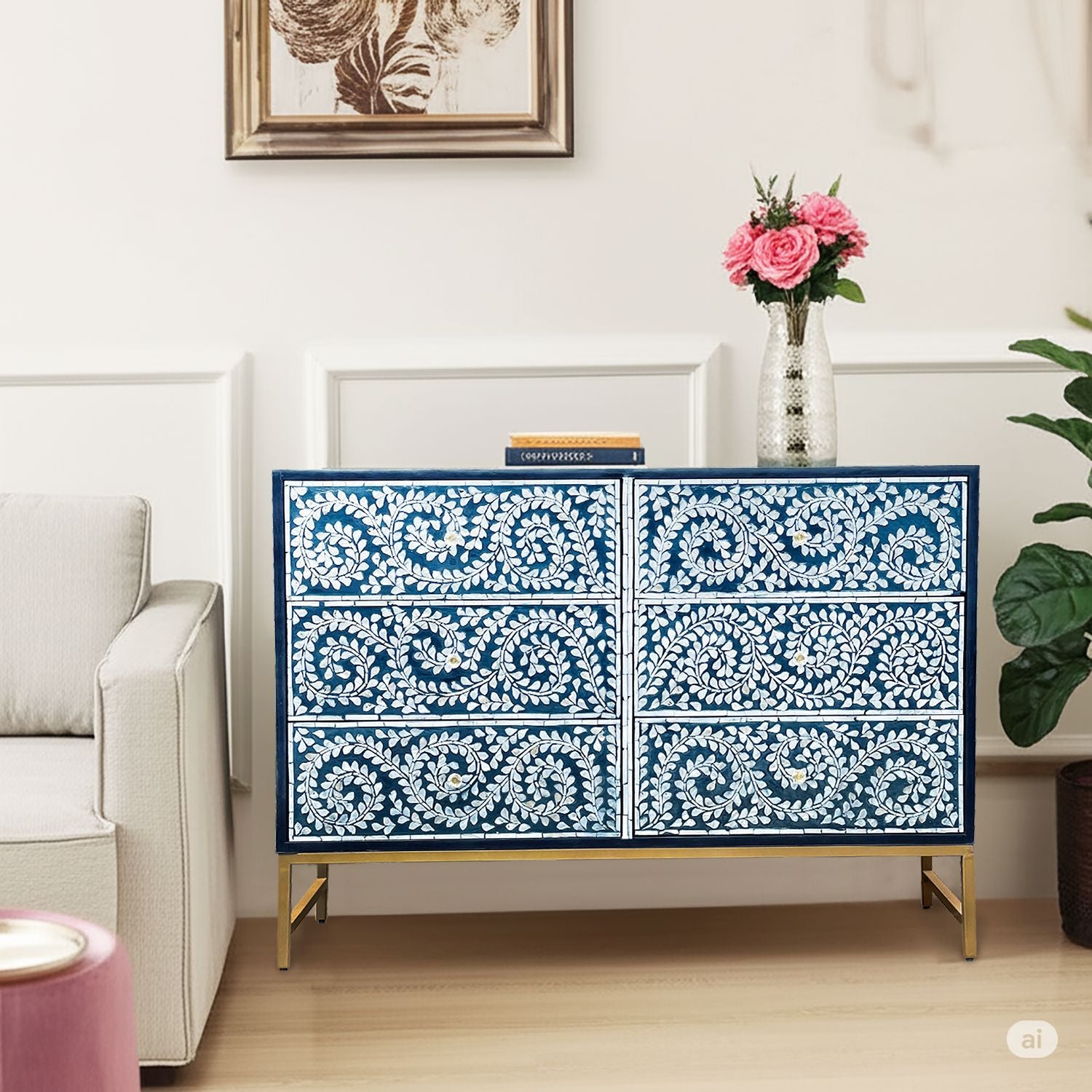 MOTHER OF PEARL ENCHANTING VINE CHEST OF DRAWERS BLUE HUE