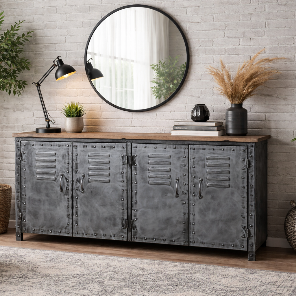 VINTAGE IRON LOCKER SIDEBOARD WITH RECLAIMED RAILWAY SLEEPER WOOD