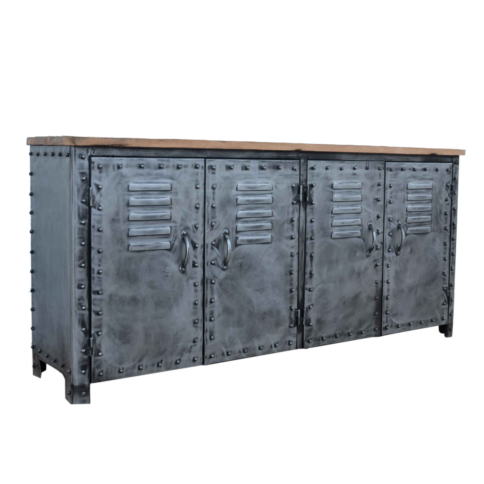 VINTAGE IRON LOCKER SIDEBOARD WITH RECLAIMED RAILWAY SLEEPER WOOD