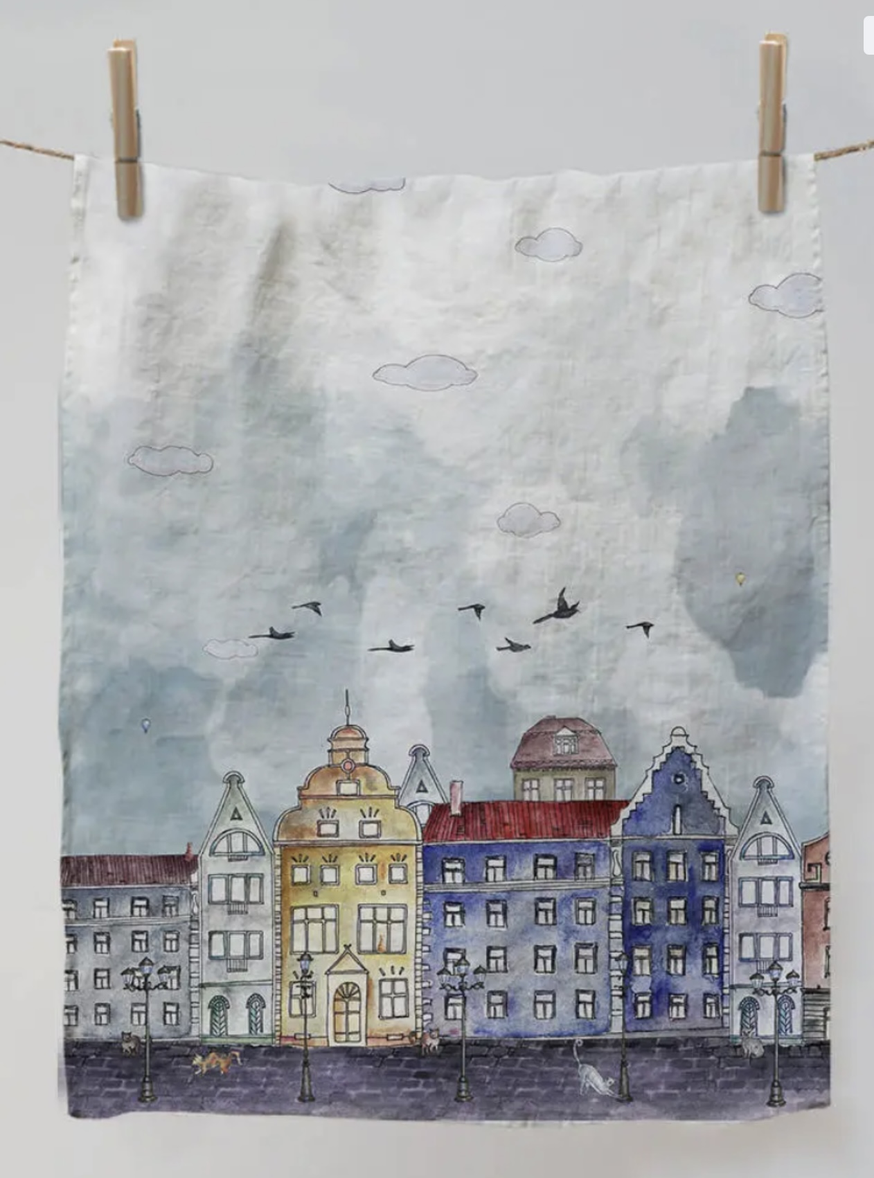 Pure Linen European old town scene tea towel
