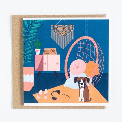Greeting Card - Living Room with Boxer Dog