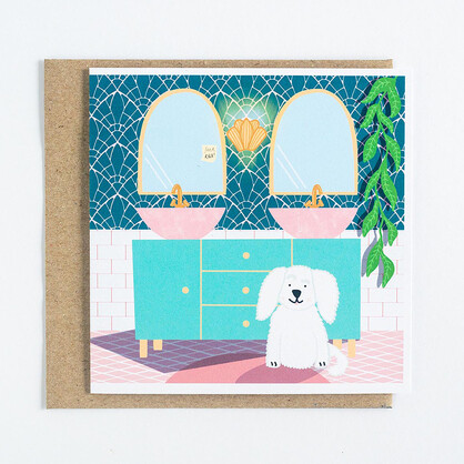 Greeting Card - Art Deco Bathroom with Rex the Shaggy Dog