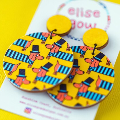 Daschund Sausage Dogs in Jumpers - Yellow & Blue - Handmade Earrings