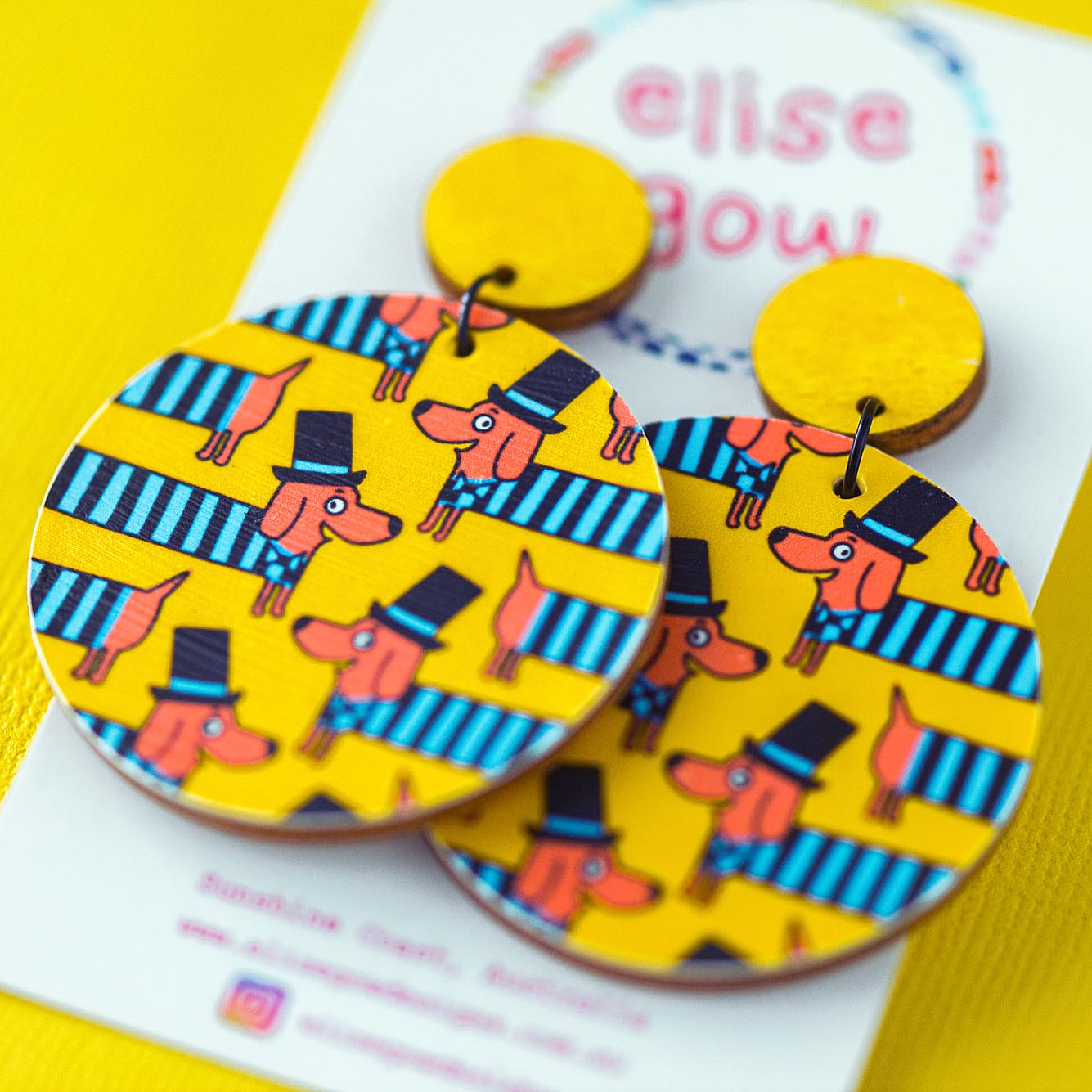 Daschund Sausage Dogs in Jumpers - Yellow & Blue - Handmade Earrings