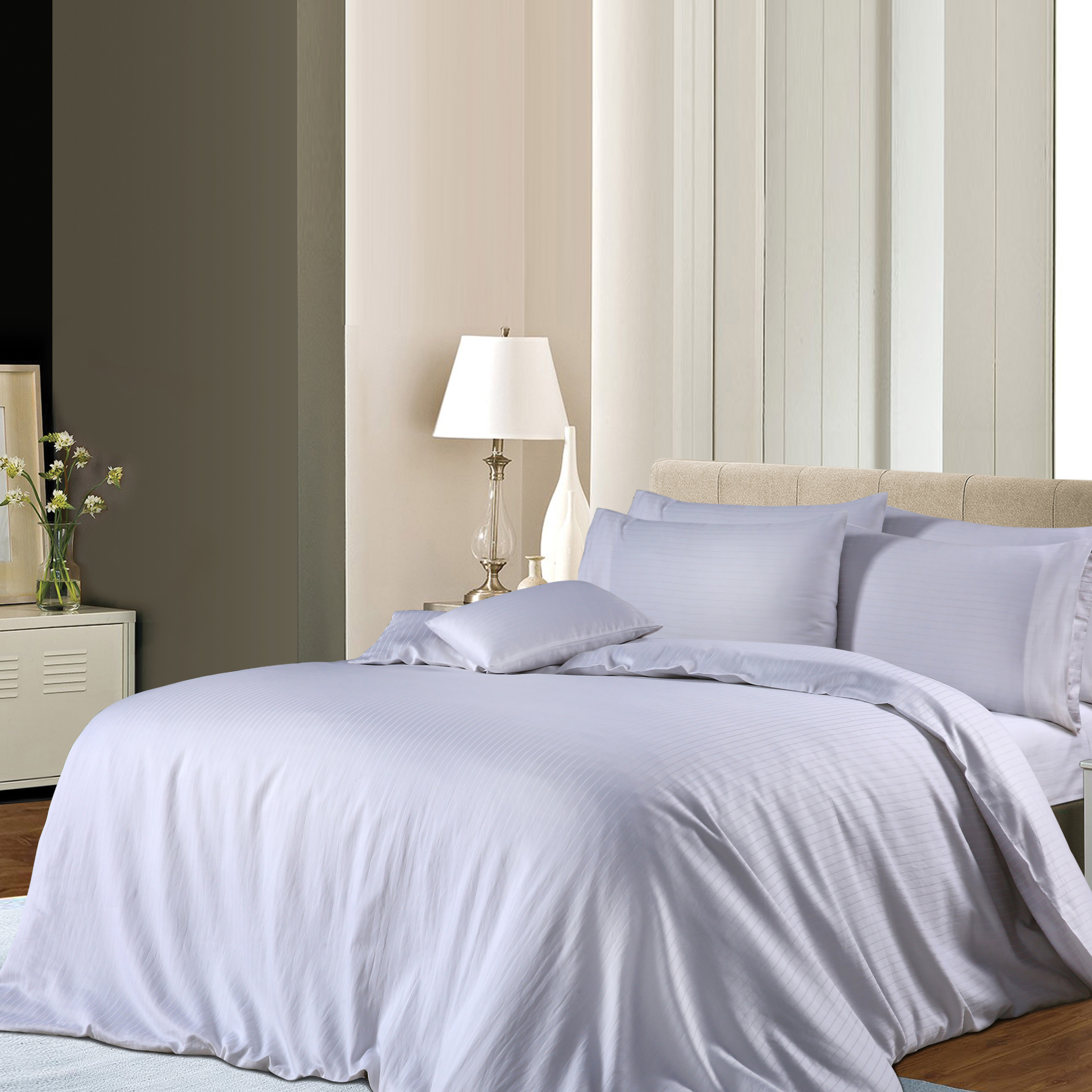 Bedding King 1000TC 6Pcs Cotton Rich Stripe Quilt Cover – White