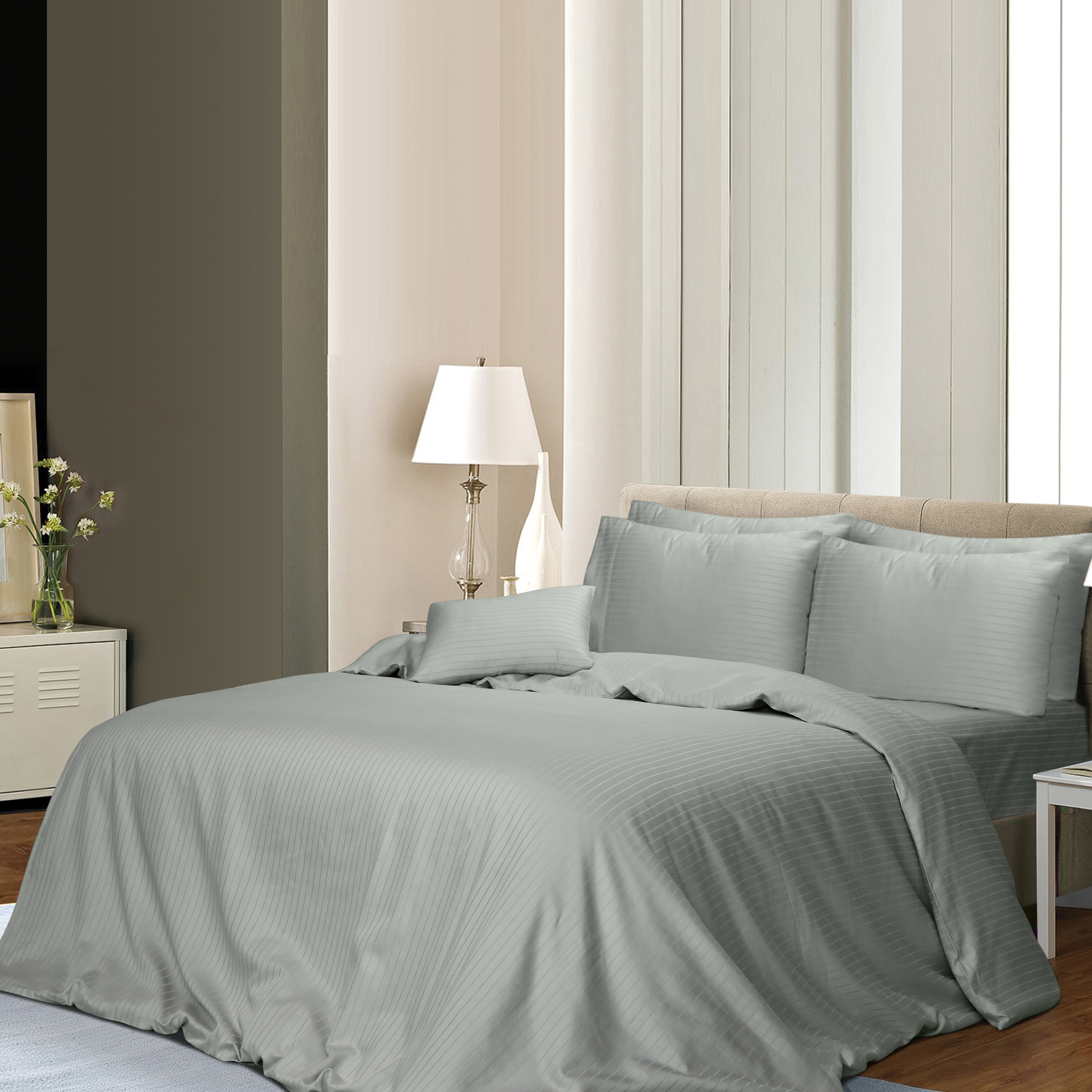 Bedding King 1000TC 6Pcs Cotton Rich Stripe Quilt Cover – Silver