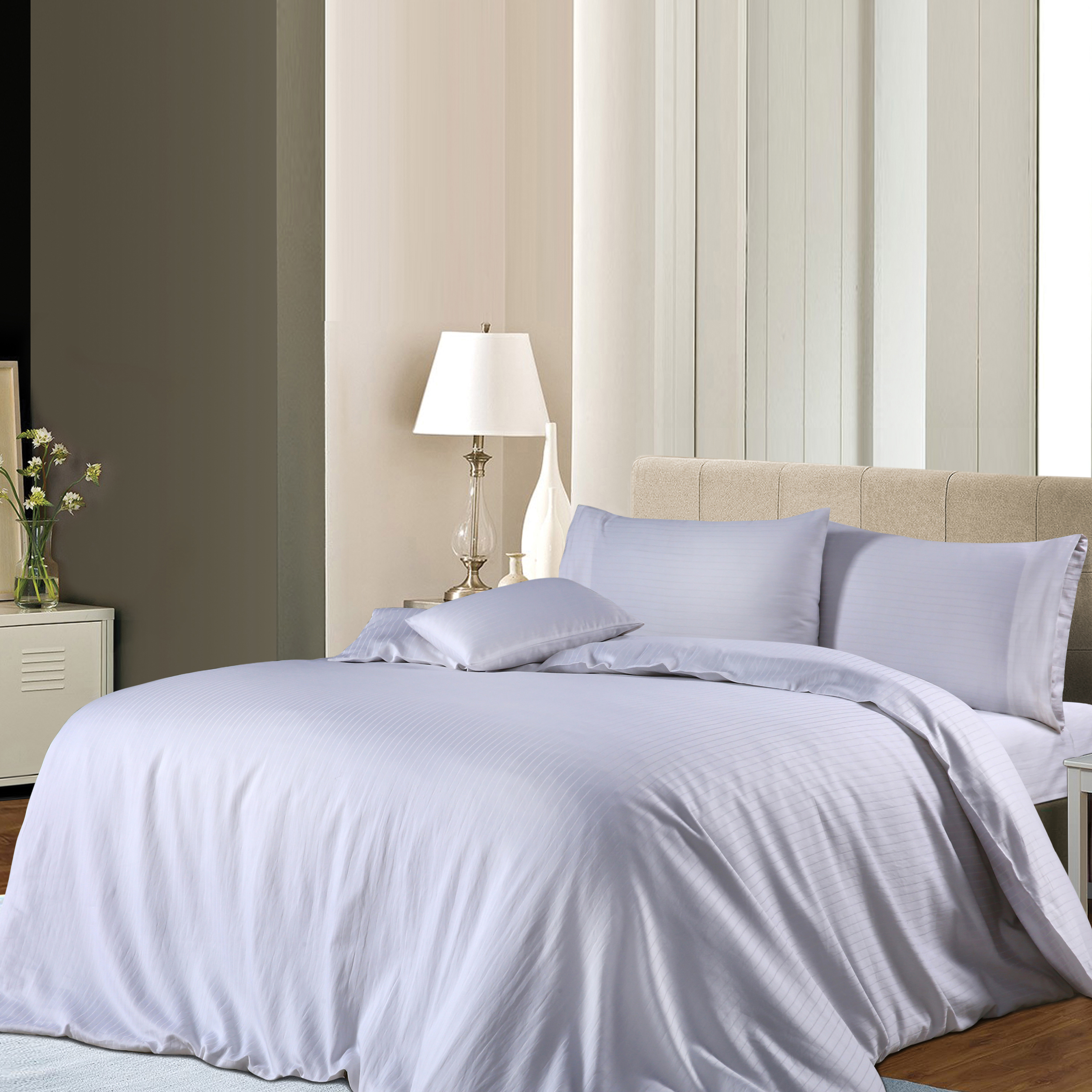 Bedding King 1000TC 3Pcs Cotton Rich Stripe Quilt Cover – White
