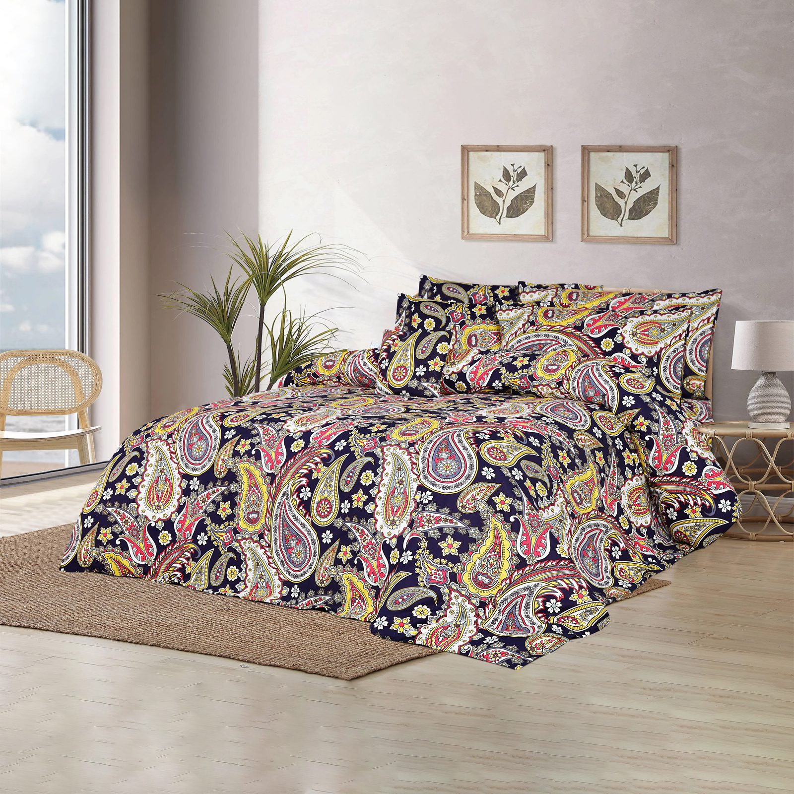 Bedding King 600TC 6Pcs Printed Sateen Quilt Cover Set Navy Blue Paisley