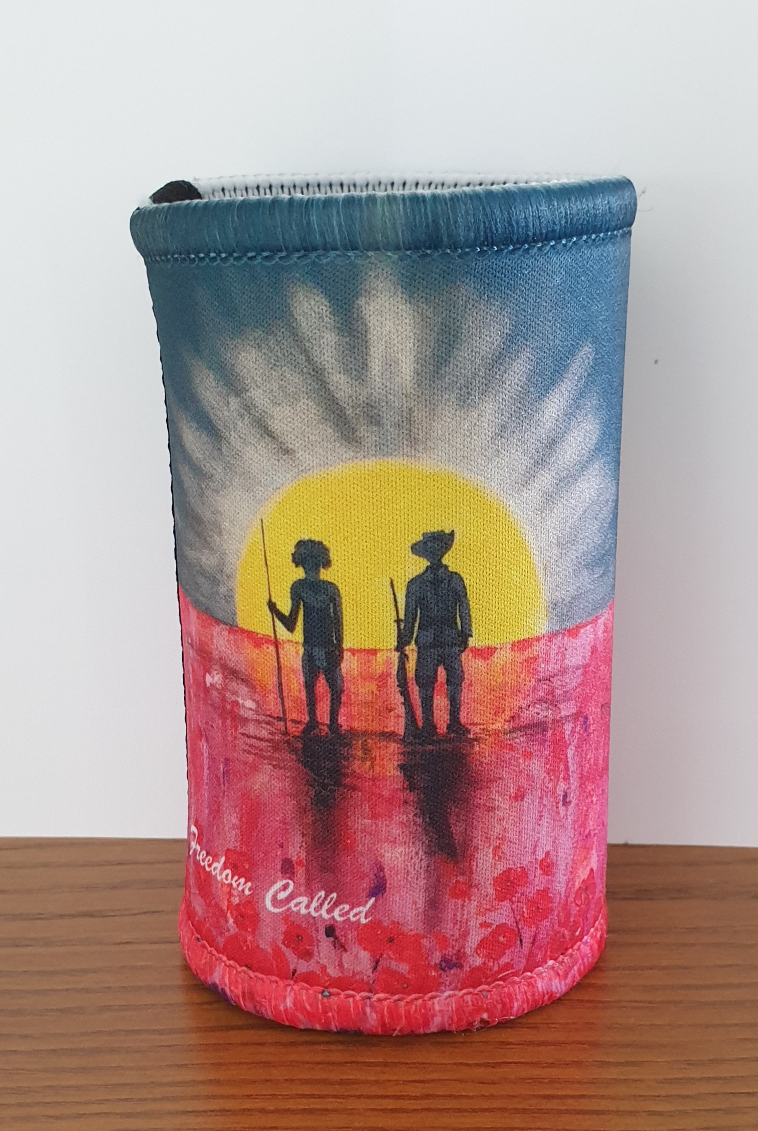 Freedom Called - Stubby Holder - Designed From Original Anzac Day Artwork - Red Poppies