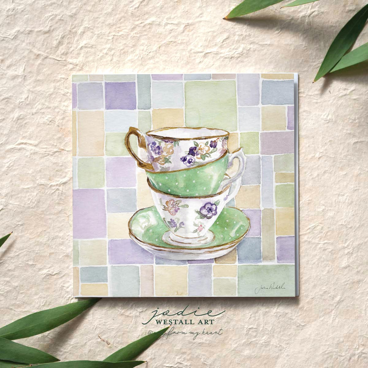 'Tea Cups on Tablecloth' - Greeting Card