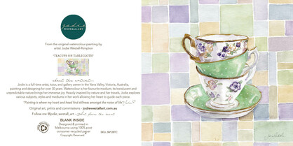 'Tea Cups on Tablecloth' - Greeting Card