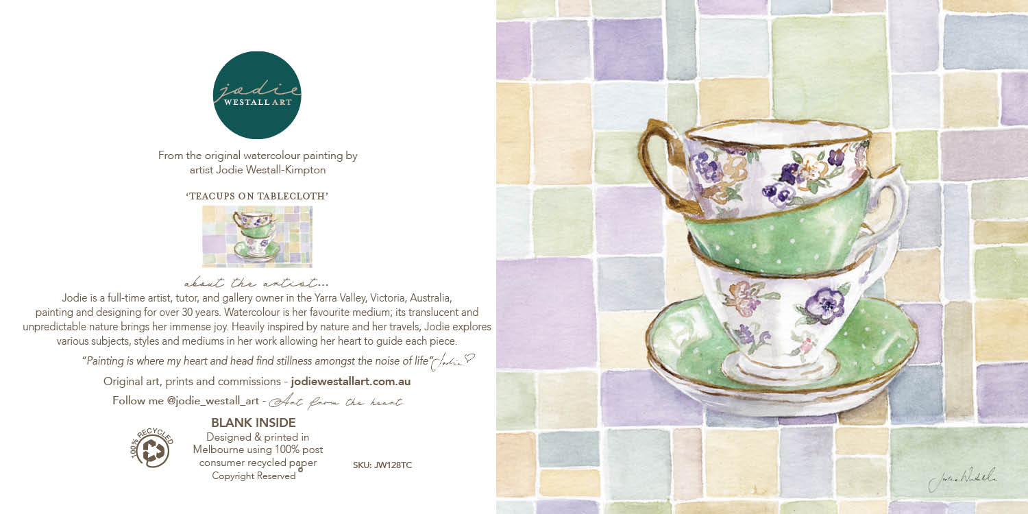 'Tea Cups on Tablecloth' - Greeting Card