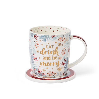 CHRISTMAS MUGS - Eat Drink & Be Merry Barrel Mug and Coaster Set
