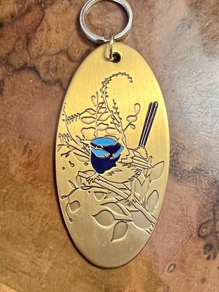 BLUE WREN Solid Brass Keyring w/Enamel
