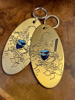 BLUE WREN Solid Brass Keyring w/Enamel