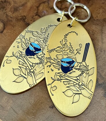 BLUE WREN Solid Brass Keyring w/Enamel