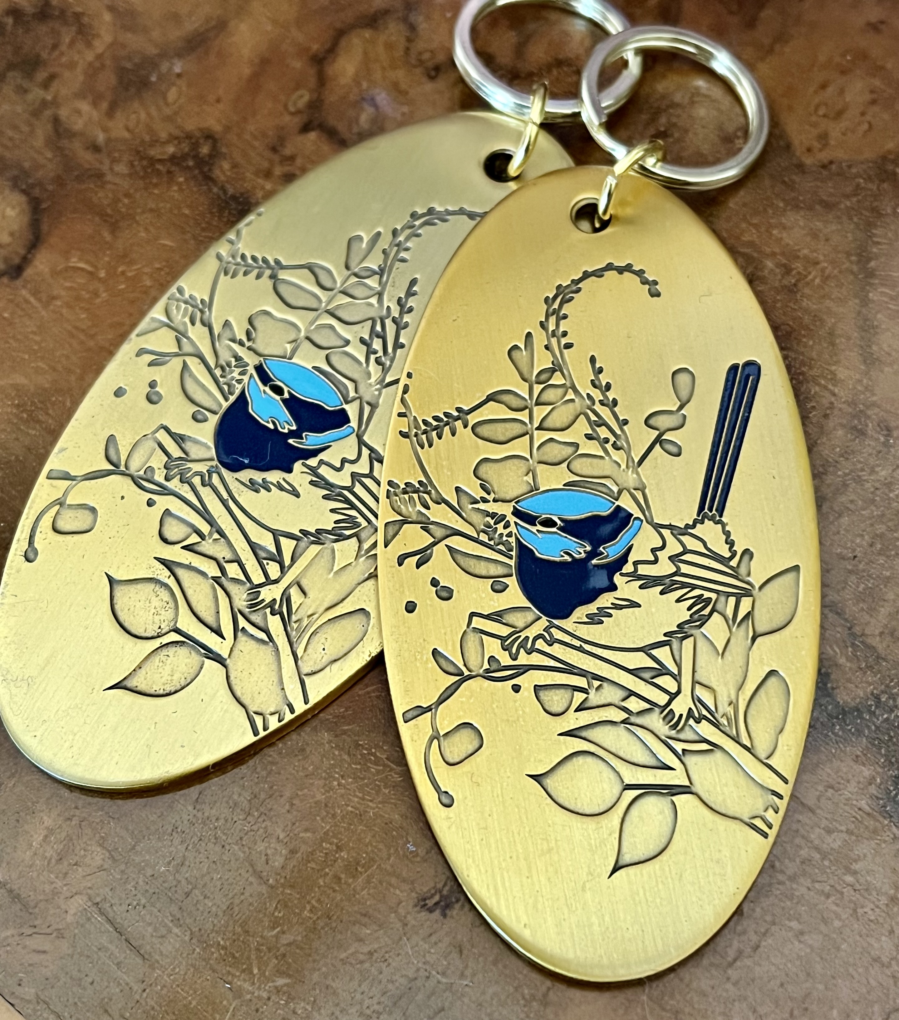BLUE WREN Solid Brass Keyring w/Enamel