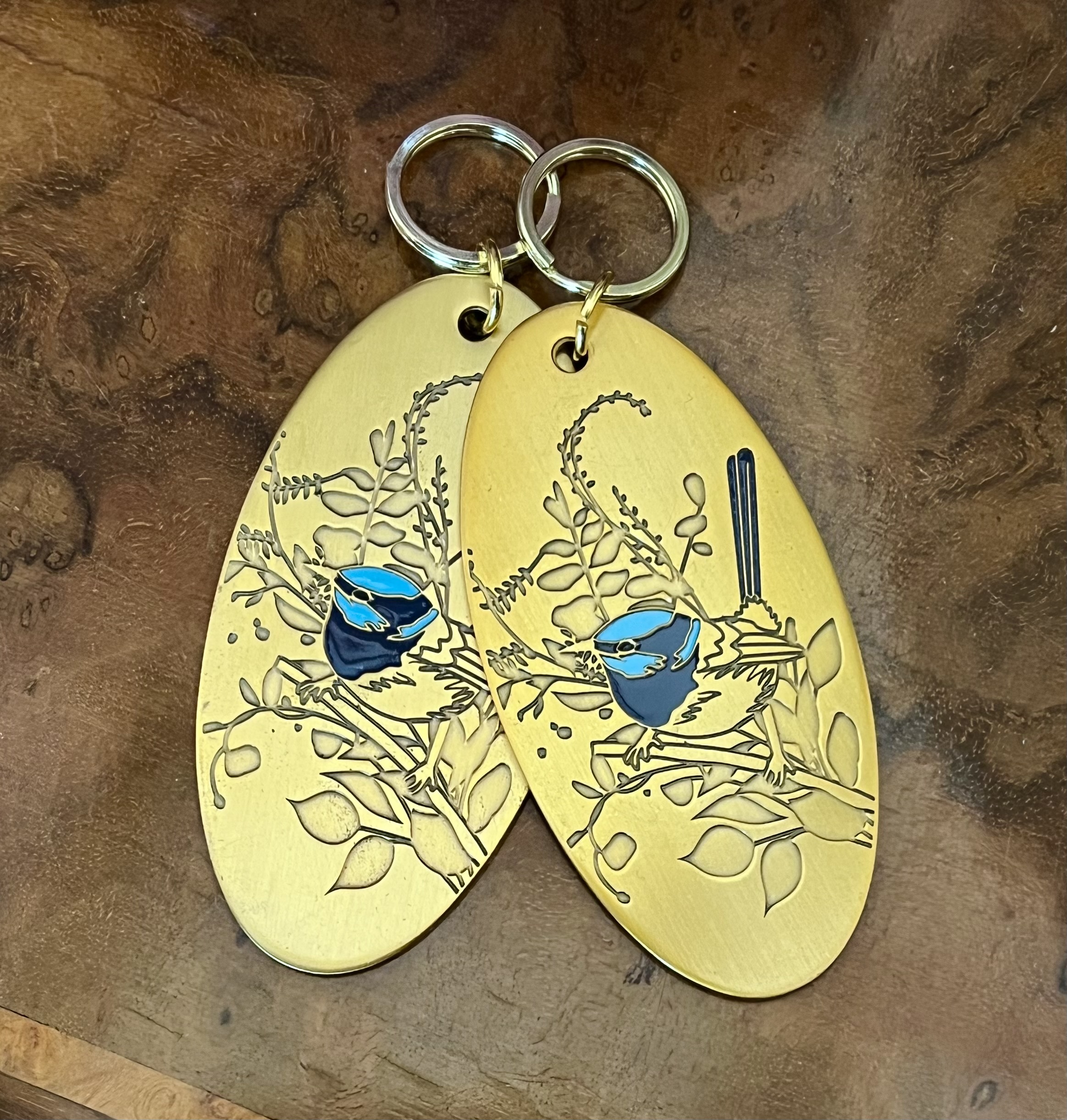 BLUE WREN Solid Brass Keyring w/Enamel