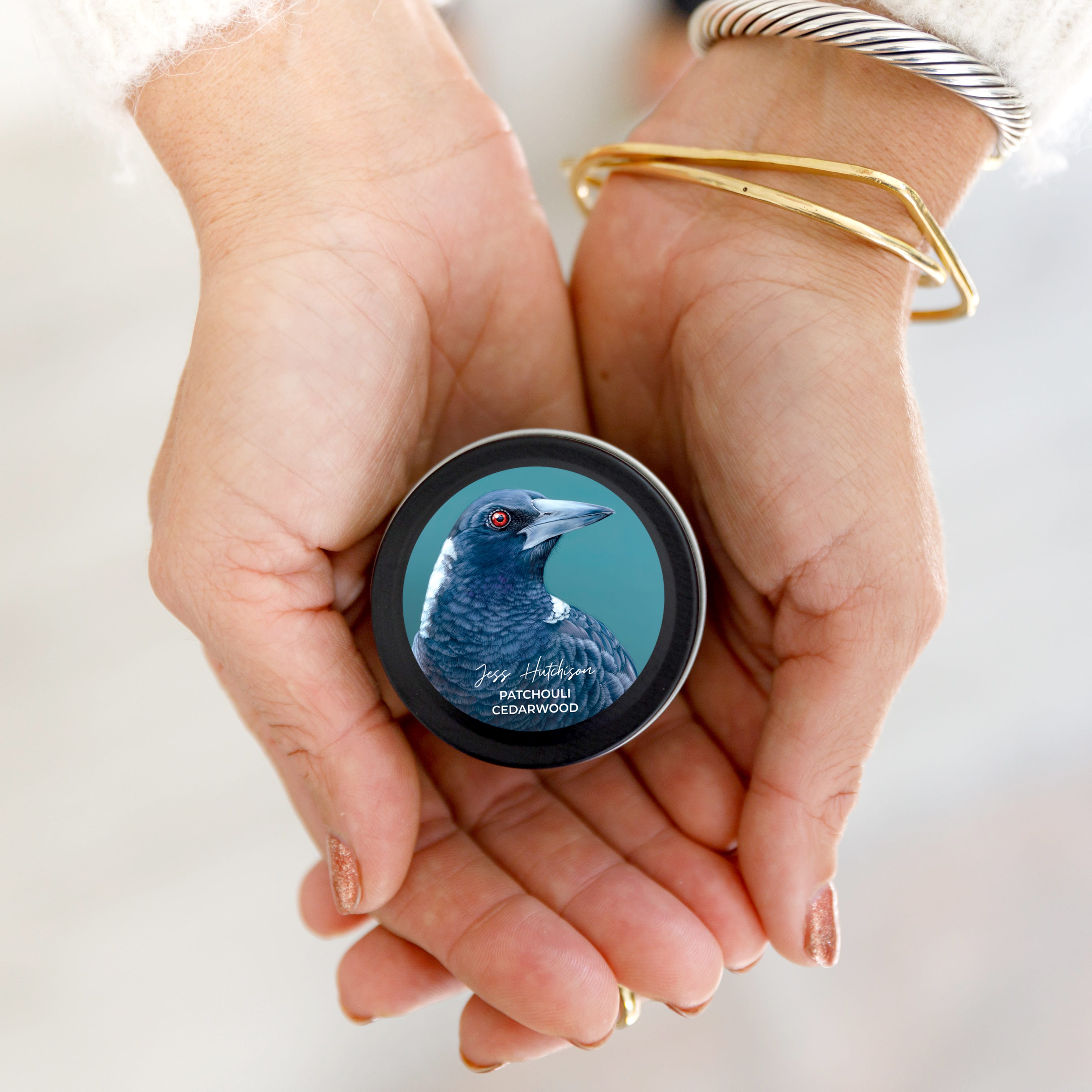 Australian artist mini soy candle tin 15+ hrs - Patchouli Cedarwood