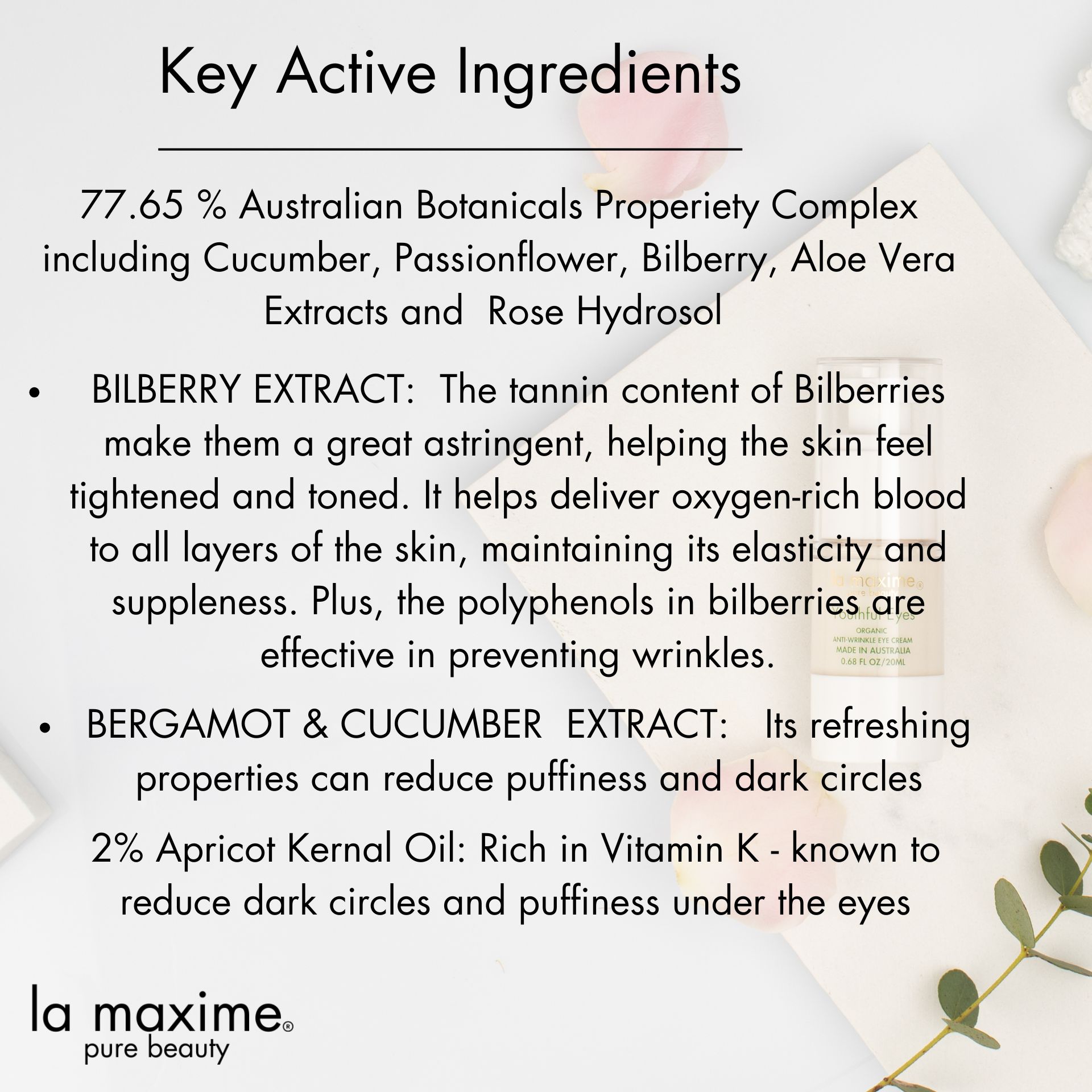 LA MAXIME Youthful Eyes Organic Anti-wrinkle Eye Cream for Puffiness, Dark Circles and fine lines 20ml