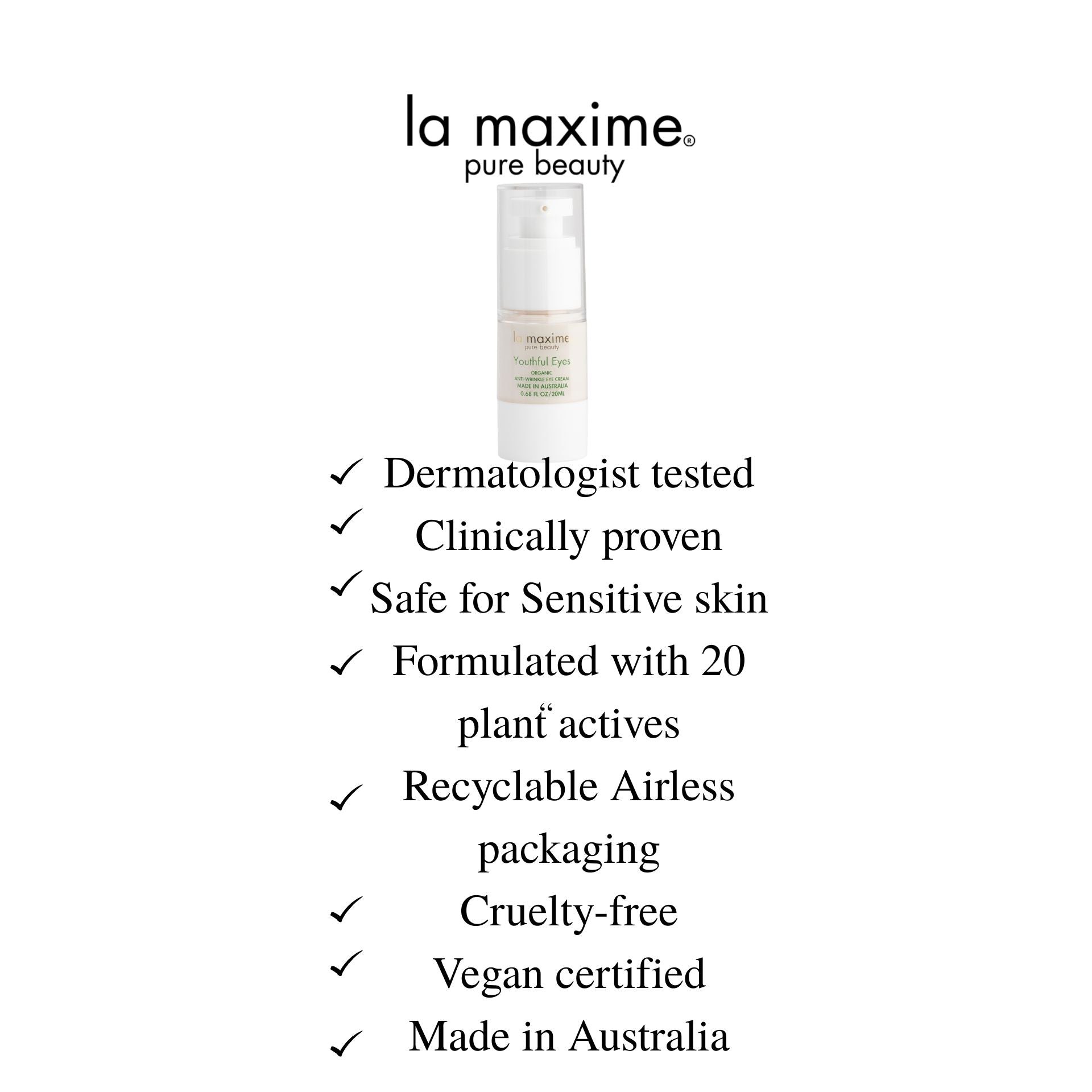 LA MAXIME Youthful Eyes Organic Anti-wrinkle Eye Cream for Puffiness, Dark Circles and fine lines 20ml
