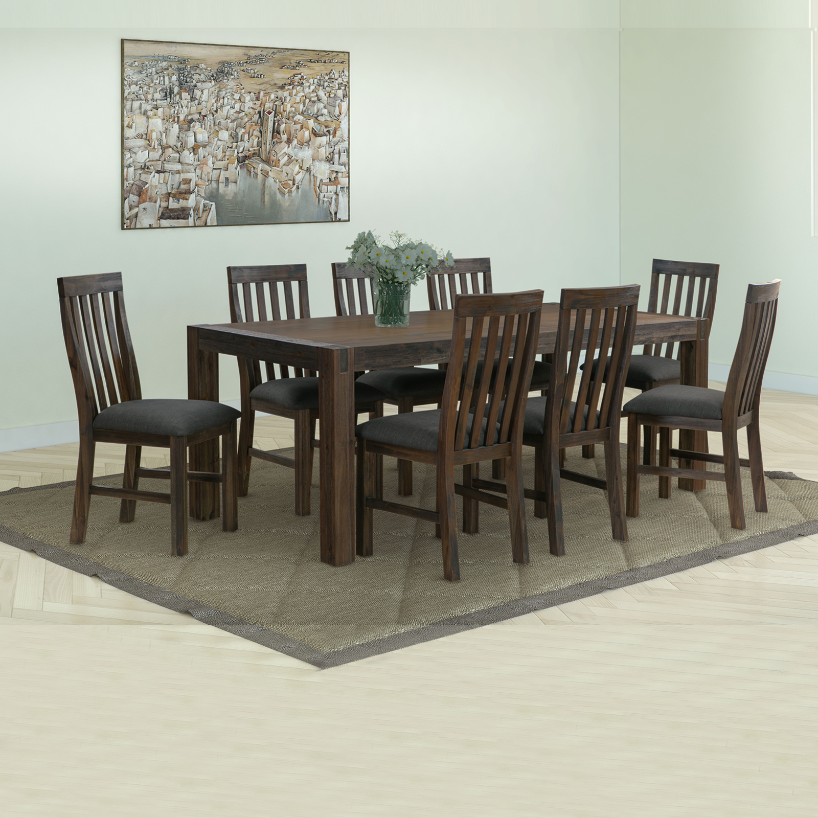 9 Pieces Dining Suite 210cm Large Size Dining Table & 8X Chairs with Solid Acacia Wooden Base in Chocolate Colour