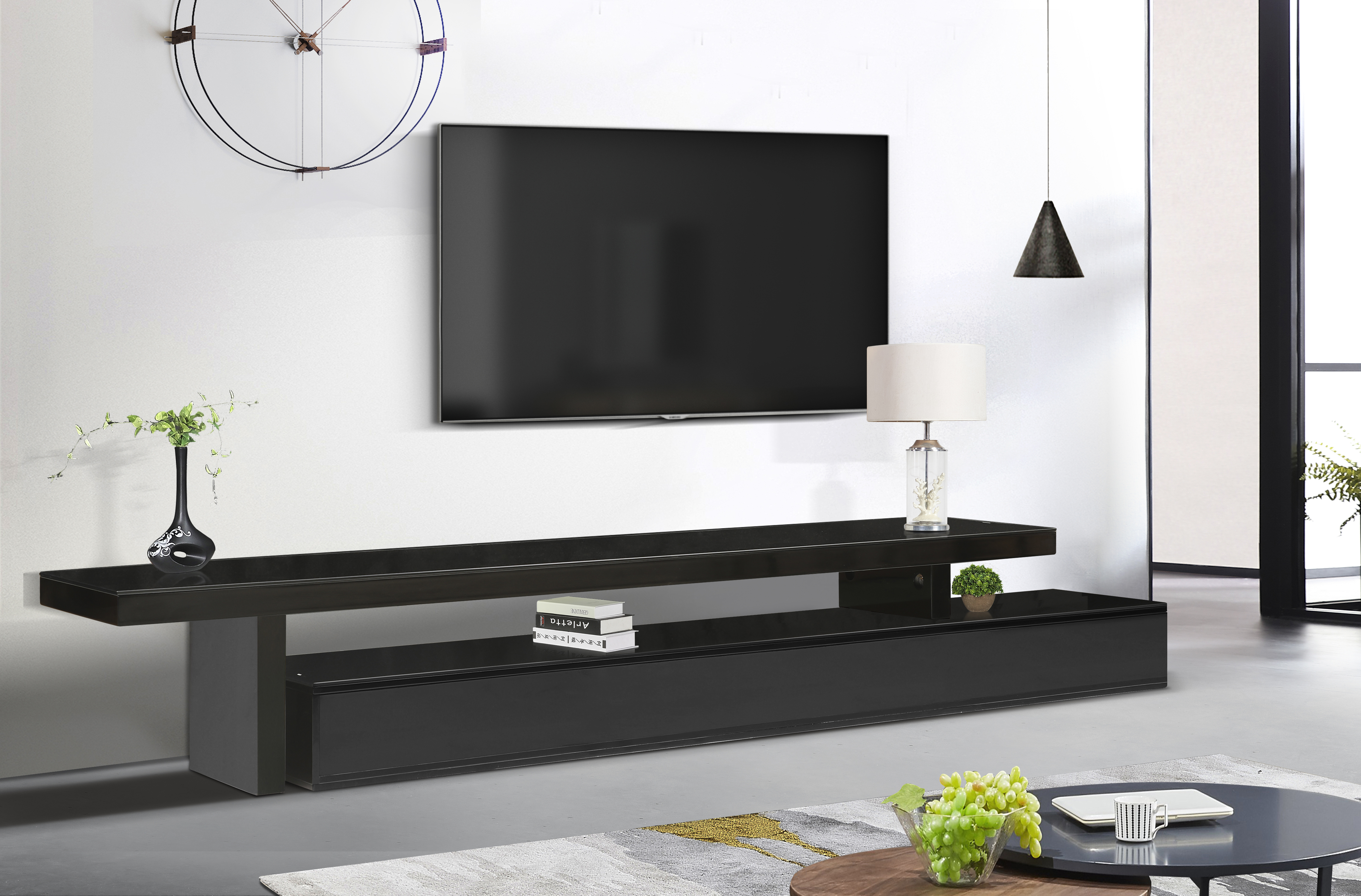 TV Cabinet with 3 Storage Drawers Extendable With Glossy MDF Entertainment Unit in Black Colour