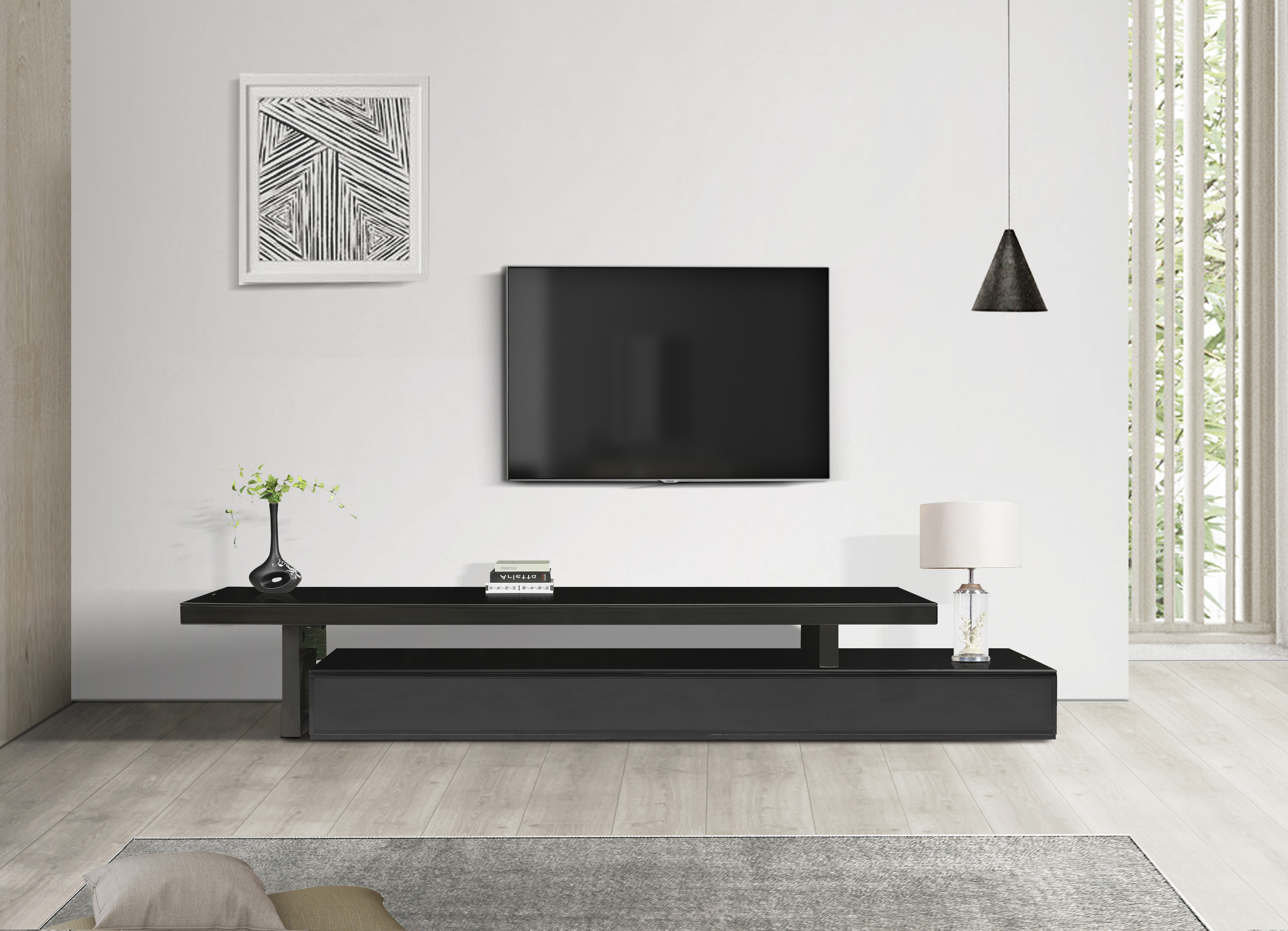 TV Cabinet with 3 Storage Drawers Extendable With Glossy MDF Entertainment Unit in Black Colour