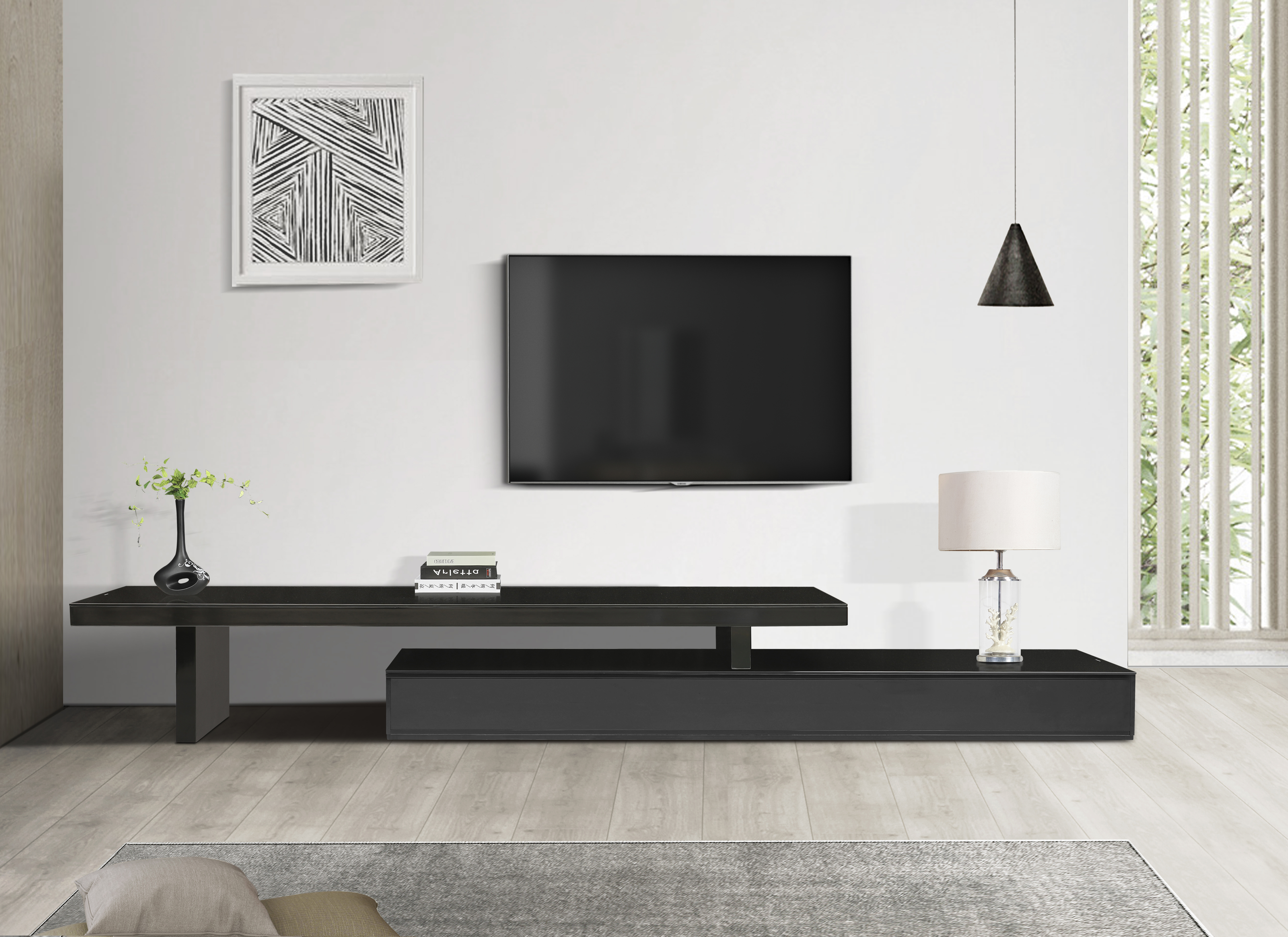 TV Cabinet with 3 Storage Drawers Extendable With Glossy MDF Entertainment Unit in Black Colour