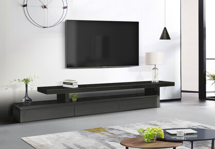 TV Cabinet with 3 Storage Drawers Extendable With Glossy MDF Entertainment Unit in Black Colour