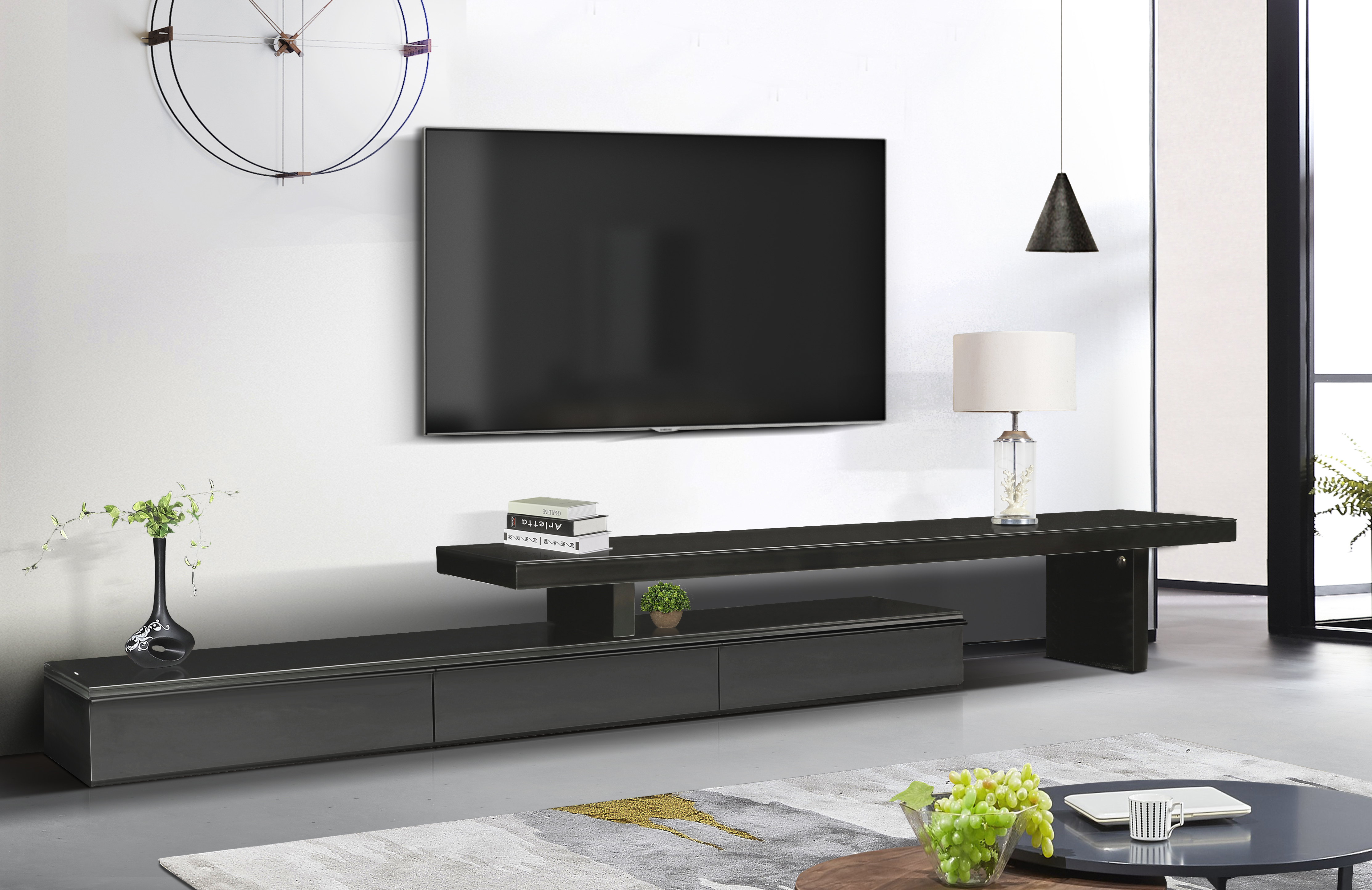 TV Cabinet with 3 Storage Drawers Extendable With Glossy MDF Entertainment Unit in Black Colour