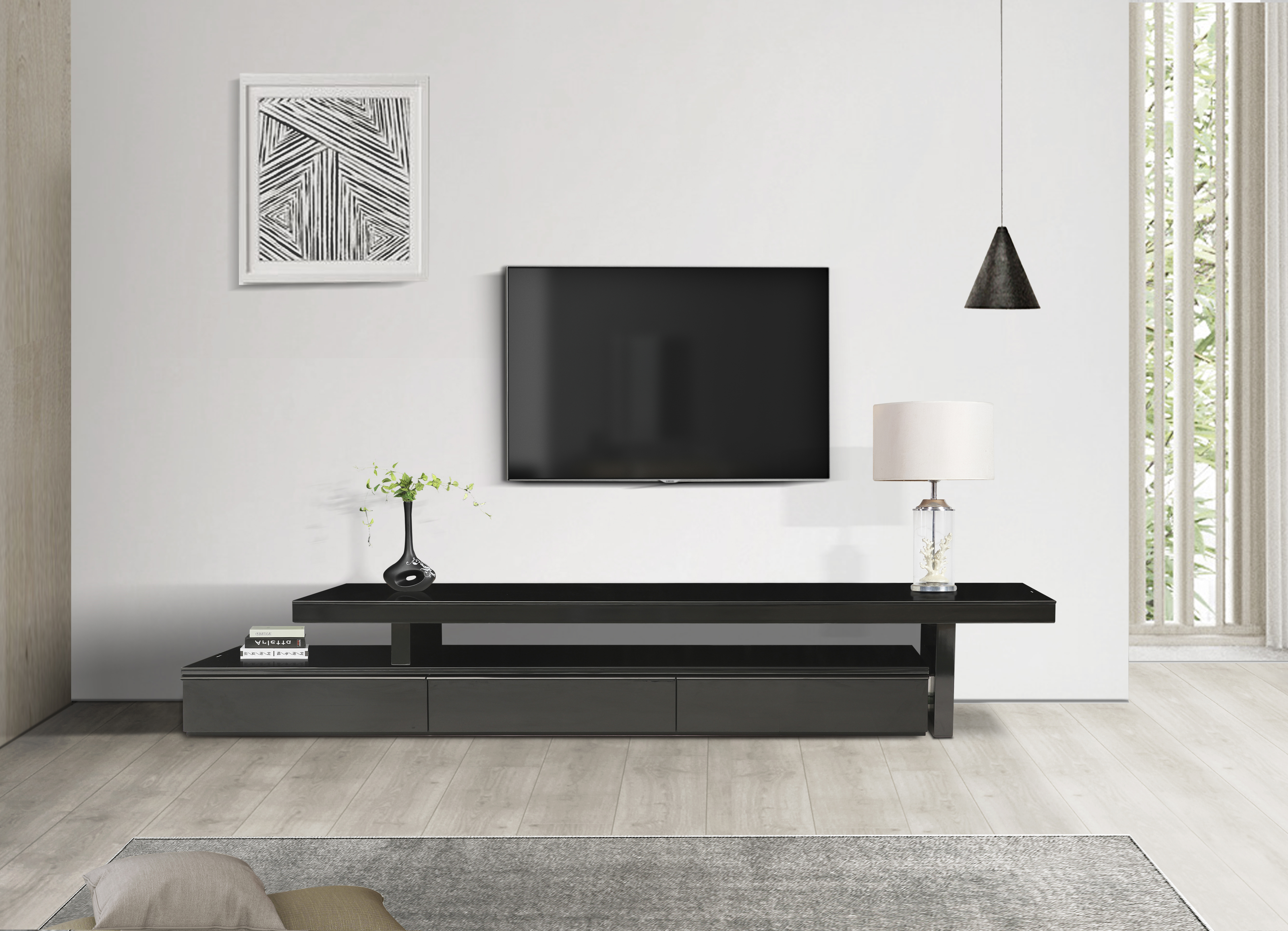 TV Cabinet with 3 Storage Drawers Extendable With Glossy MDF Entertainment Unit in Black Colour