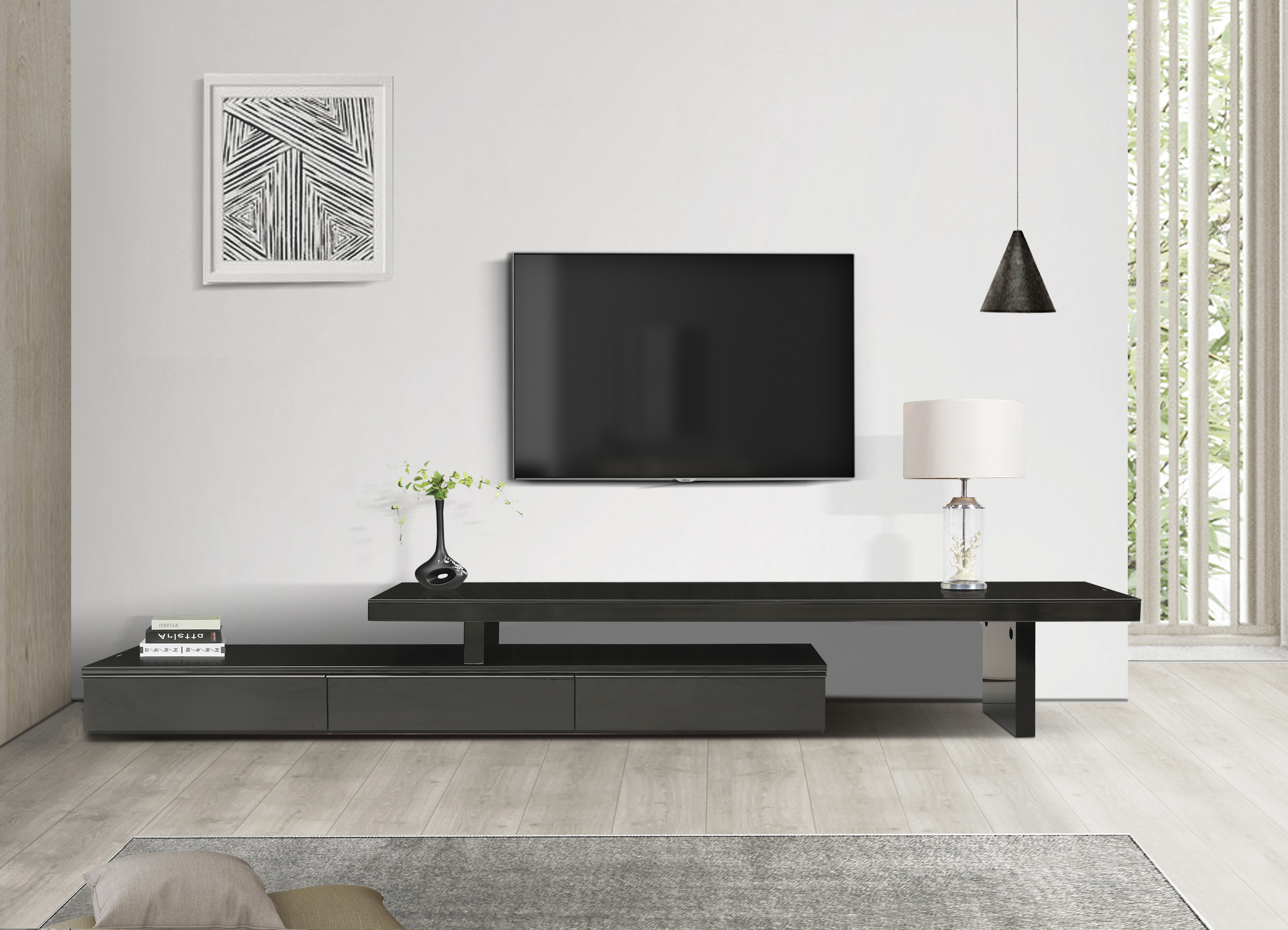 TV Cabinet with 3 Storage Drawers Extendable With Glossy MDF Entertainment Unit in Black Colour