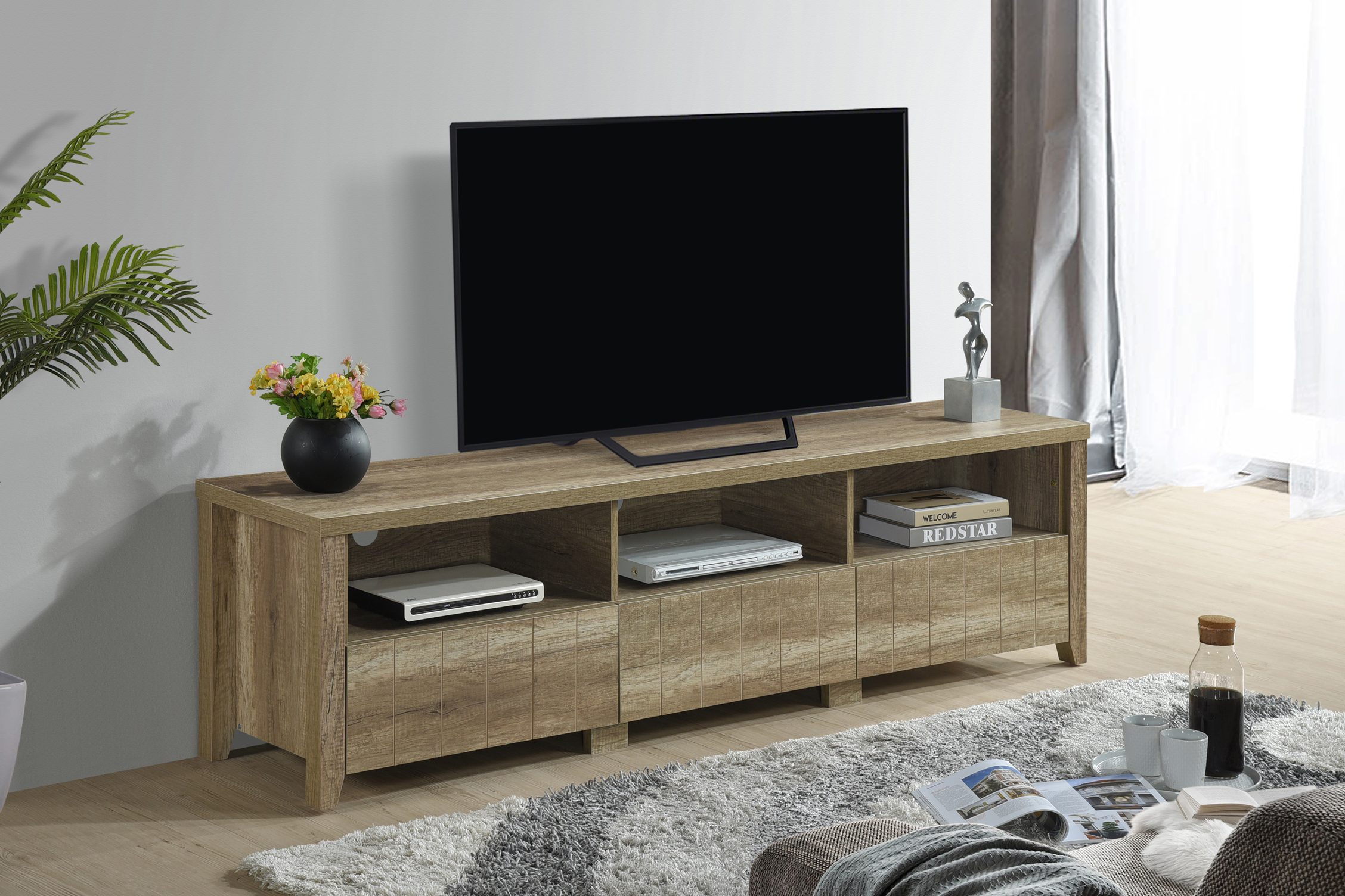 TV Cabinet 3 Storage Drawers with Shelf Natural Wood like MDF Entertainment Unit in Oak Colour