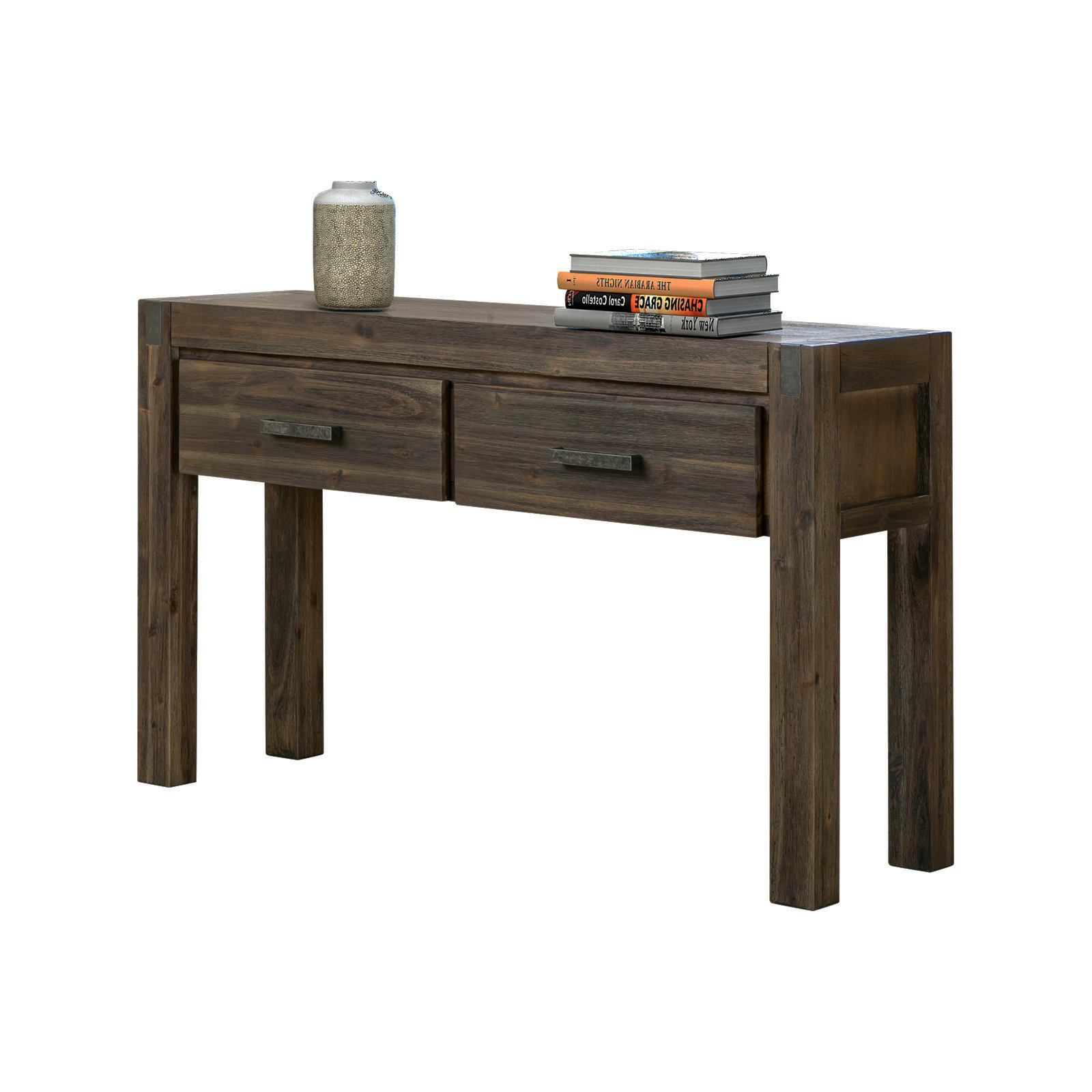 Hall Table 2 Storage Drawers Solid Acacia Wooden Frame Hallway in Chocolate Color