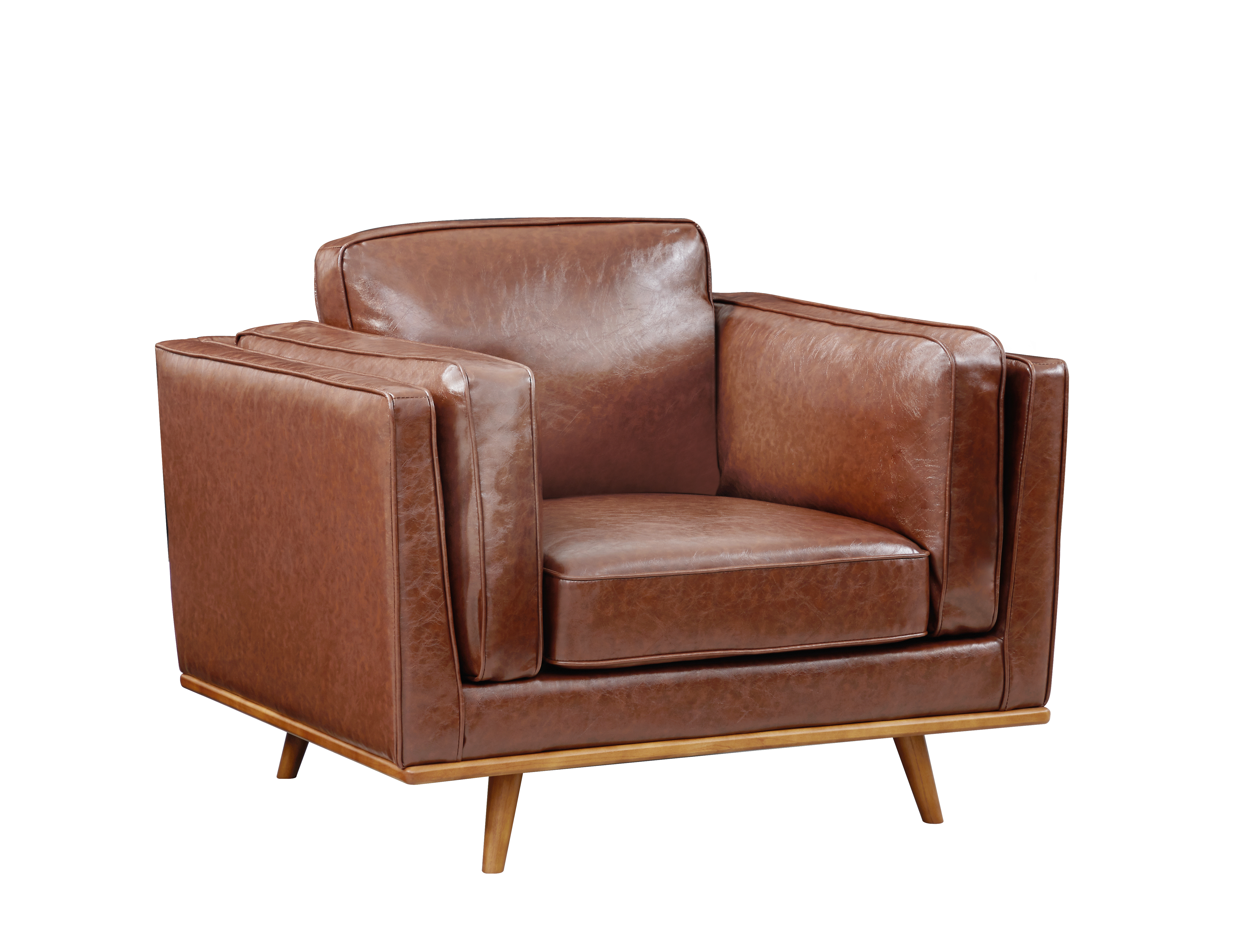 Single Seater Armchair Faux Leather Sofa Modern Lounge Accent Chair in Brown with Wooden Frame