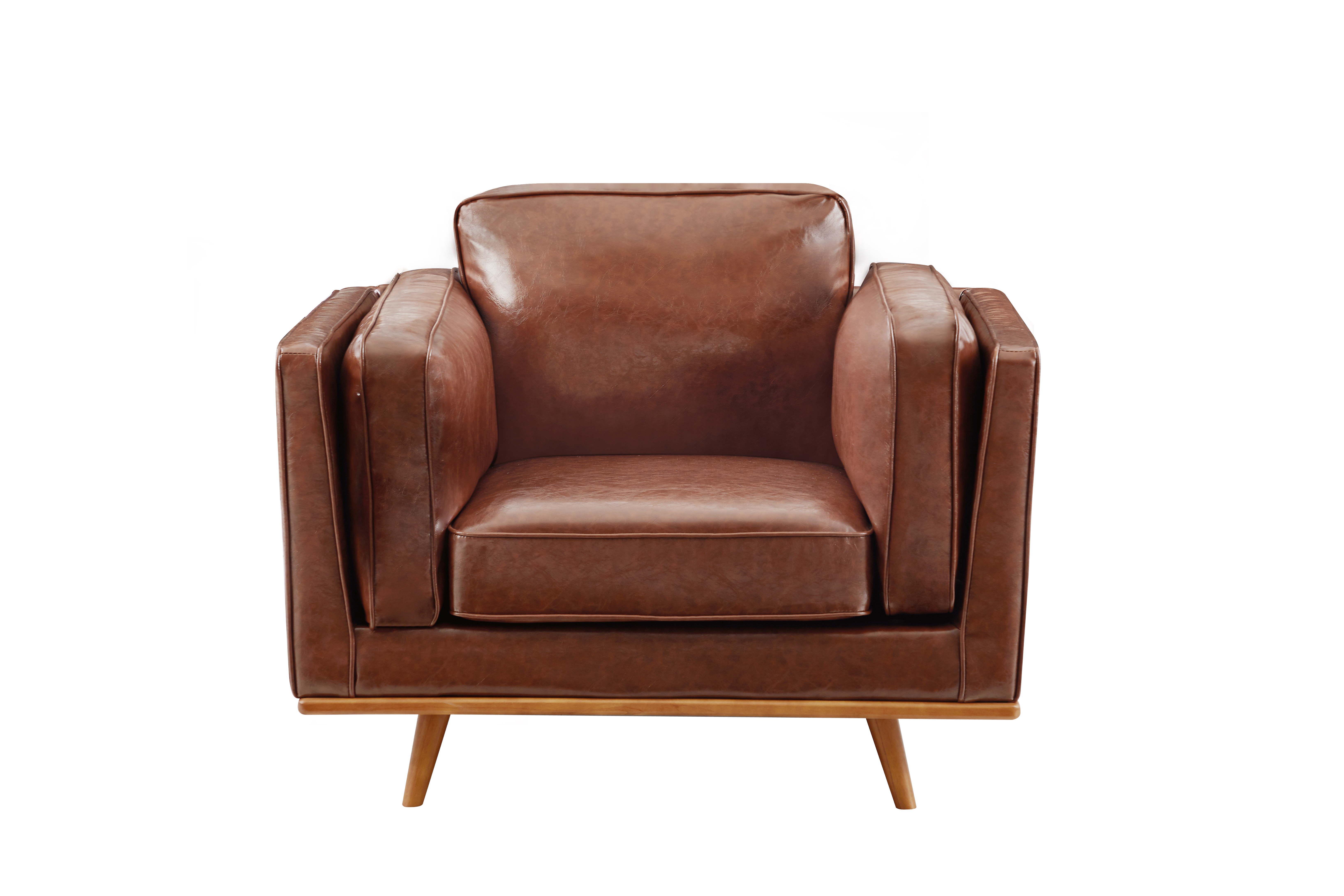 Single Seater Armchair Faux Leather Sofa Modern Lounge Accent Chair in Brown with Wooden Frame