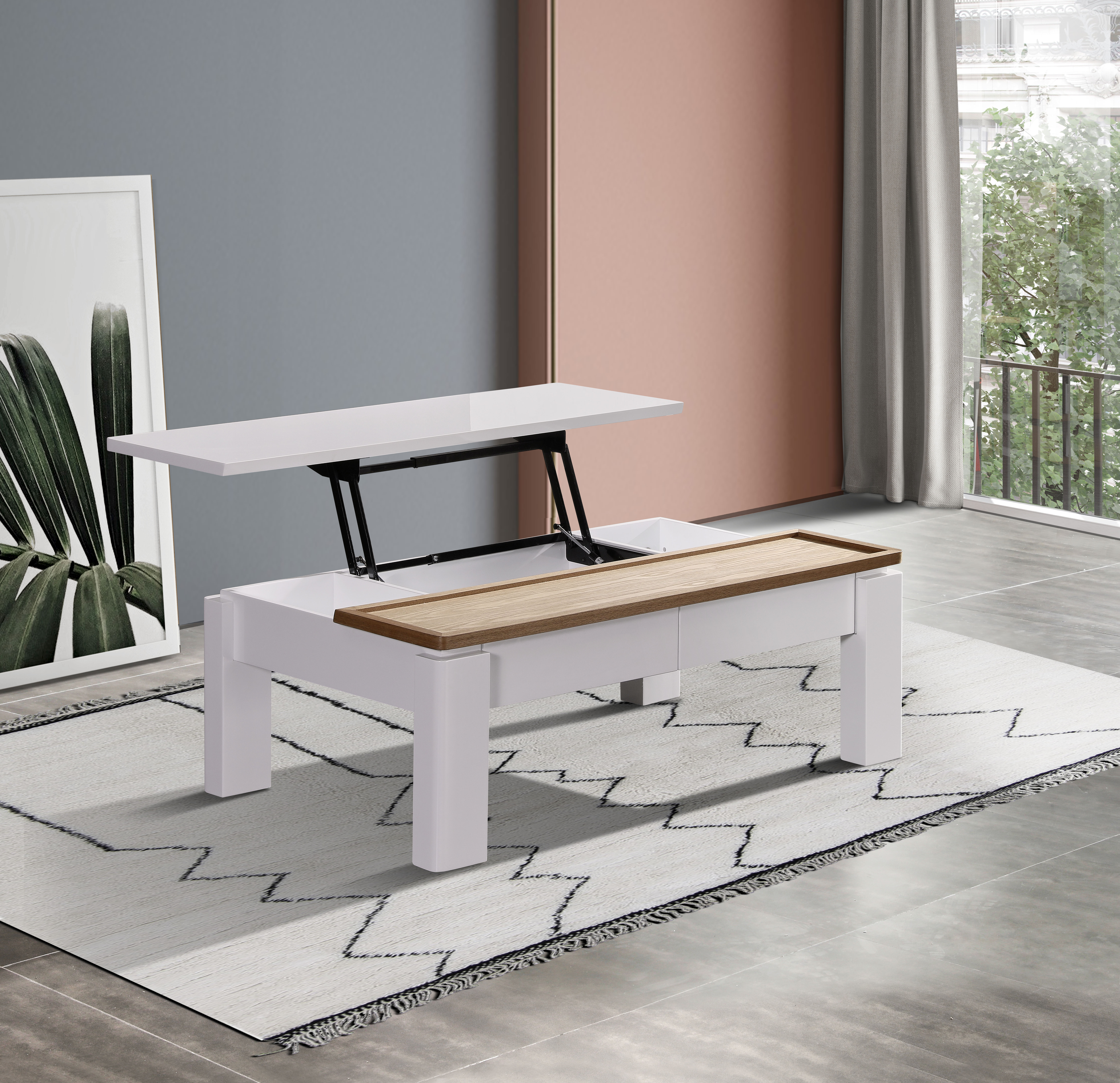 Coffee Table High Gloss Finish Lift Up Top MDF White Ash Colour Interior Storage