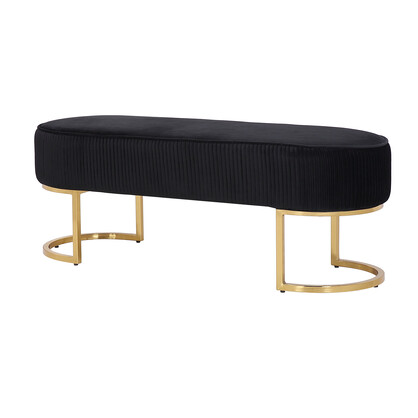 Bench Chair Black Velvet Fabric Padded Upholstered Seat Wooden Frame Iron Feet Shiny Golden