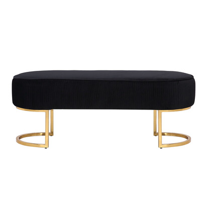 Bench Chair Black Velvet Fabric Padded Upholstered Seat Wooden Frame Iron Feet Shiny Golden