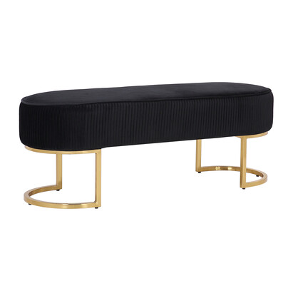 Bench Chair Black Velvet Fabric Padded Upholstered Seat Wooden Frame Iron Feet Shiny Golden