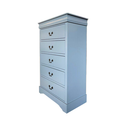 Solid Wooden Grey Colour Tallboy With 5 Drawers Metal Handles