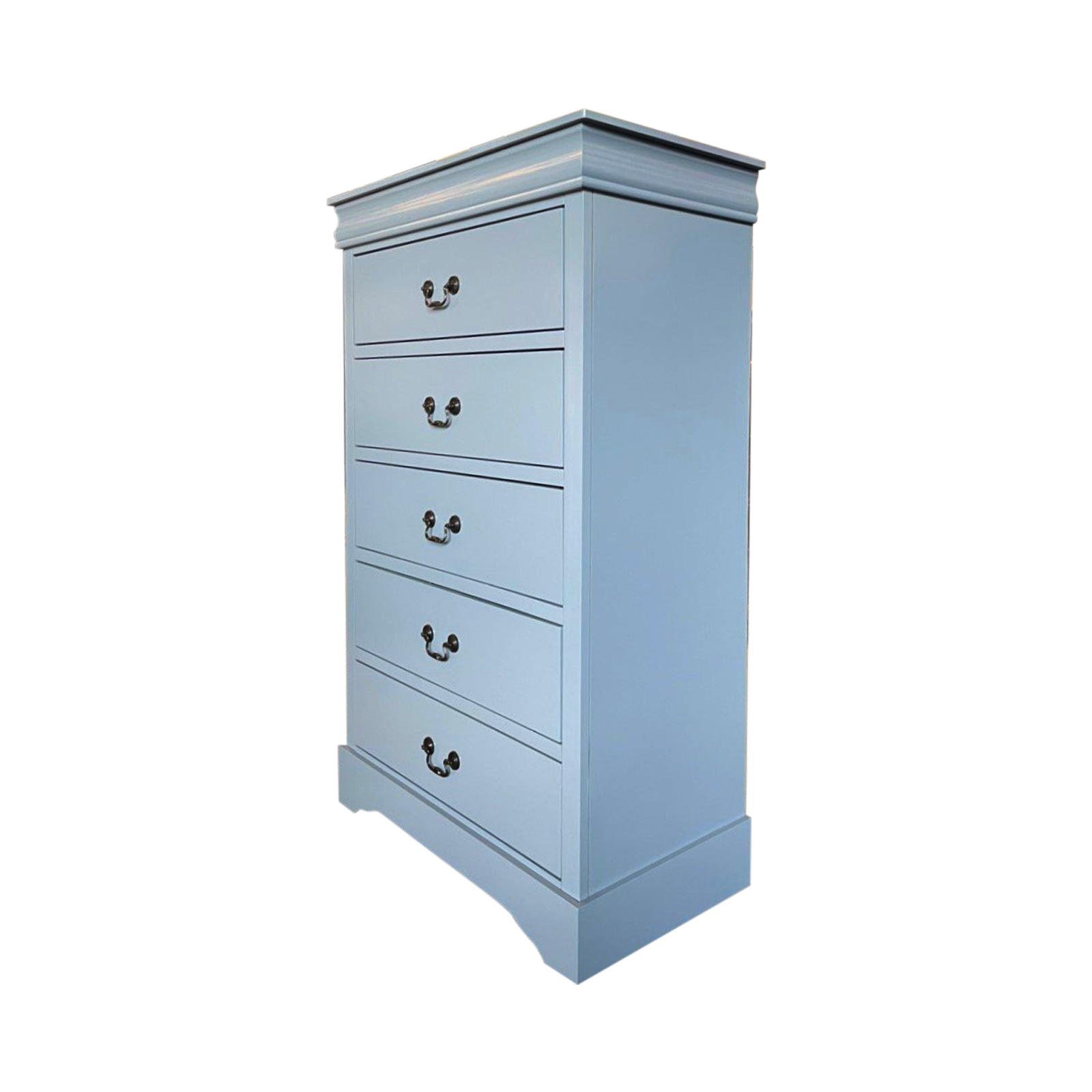 Solid Wooden Grey Colour Tallboy With 5 Drawers Metal Handles